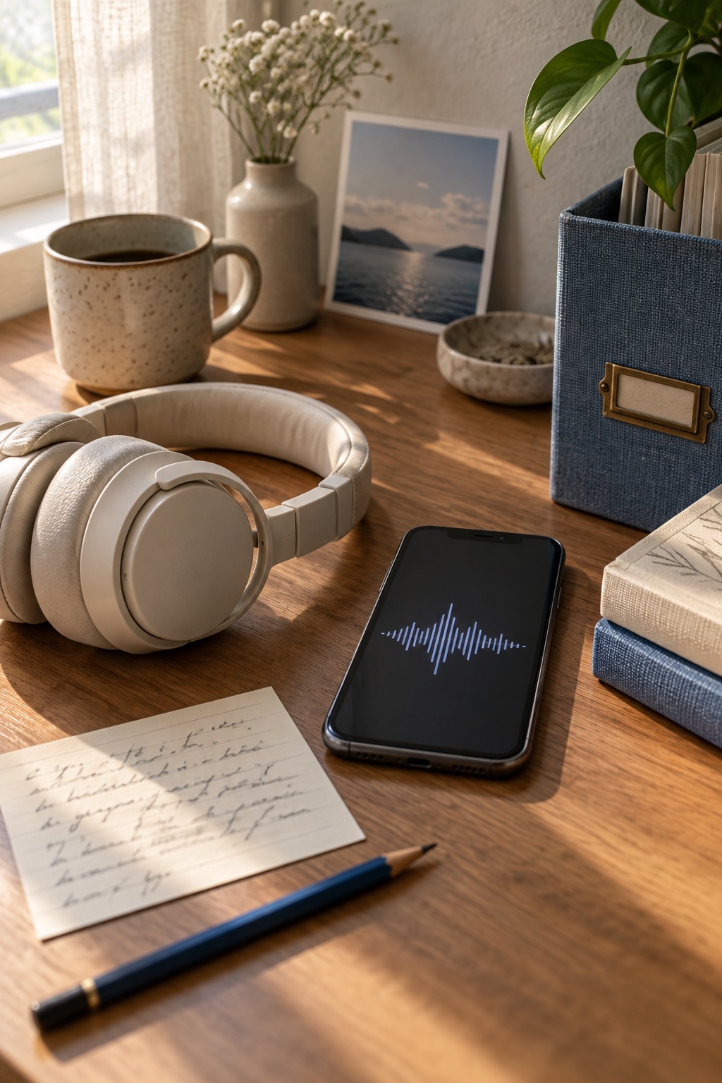 Quiet desk with headphones, phone voice memo, handwritten transcript card, and a small photograph