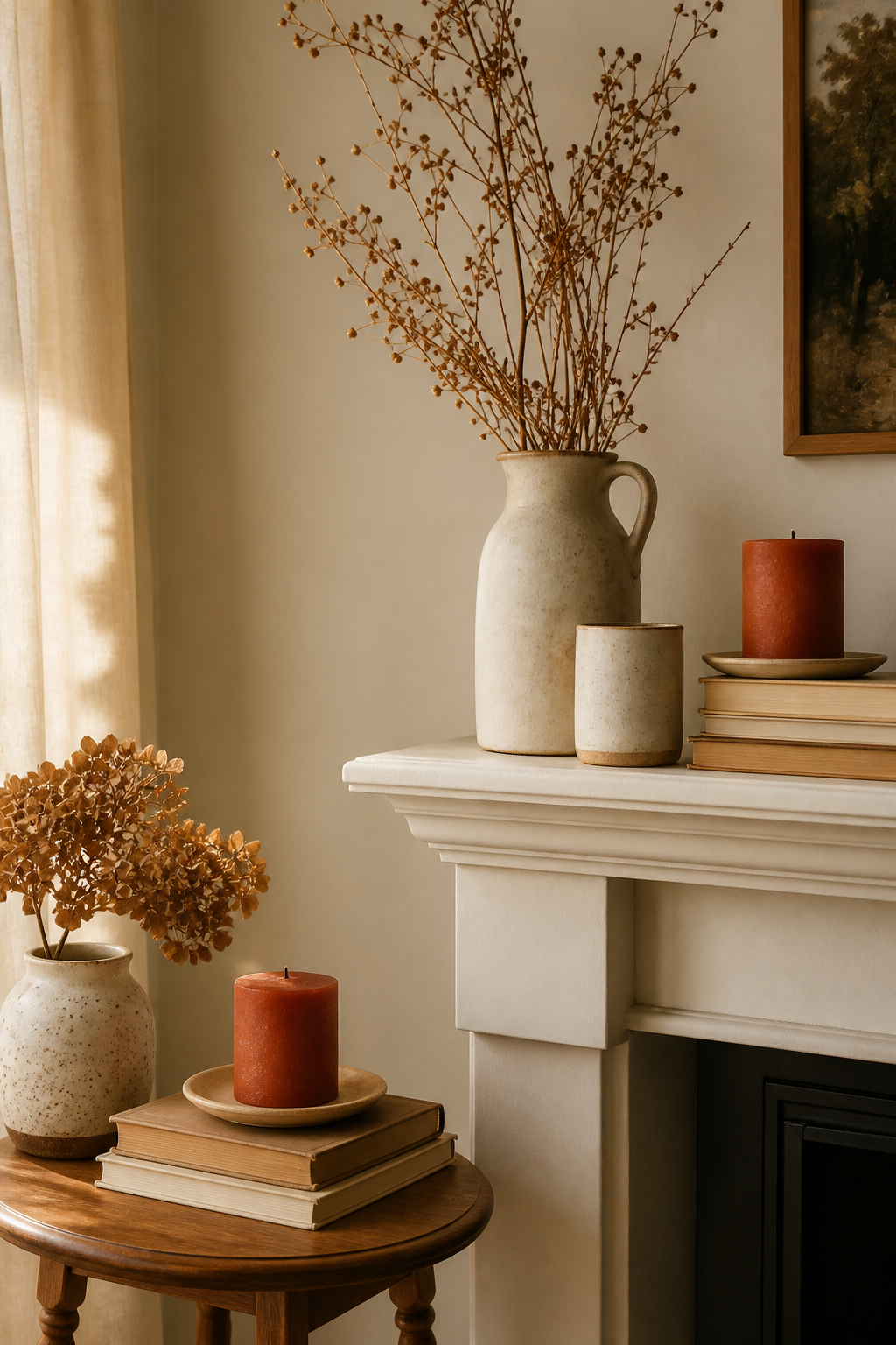 Warm mantel and side table with repeated rust accents, cream pottery, books, and dried branches