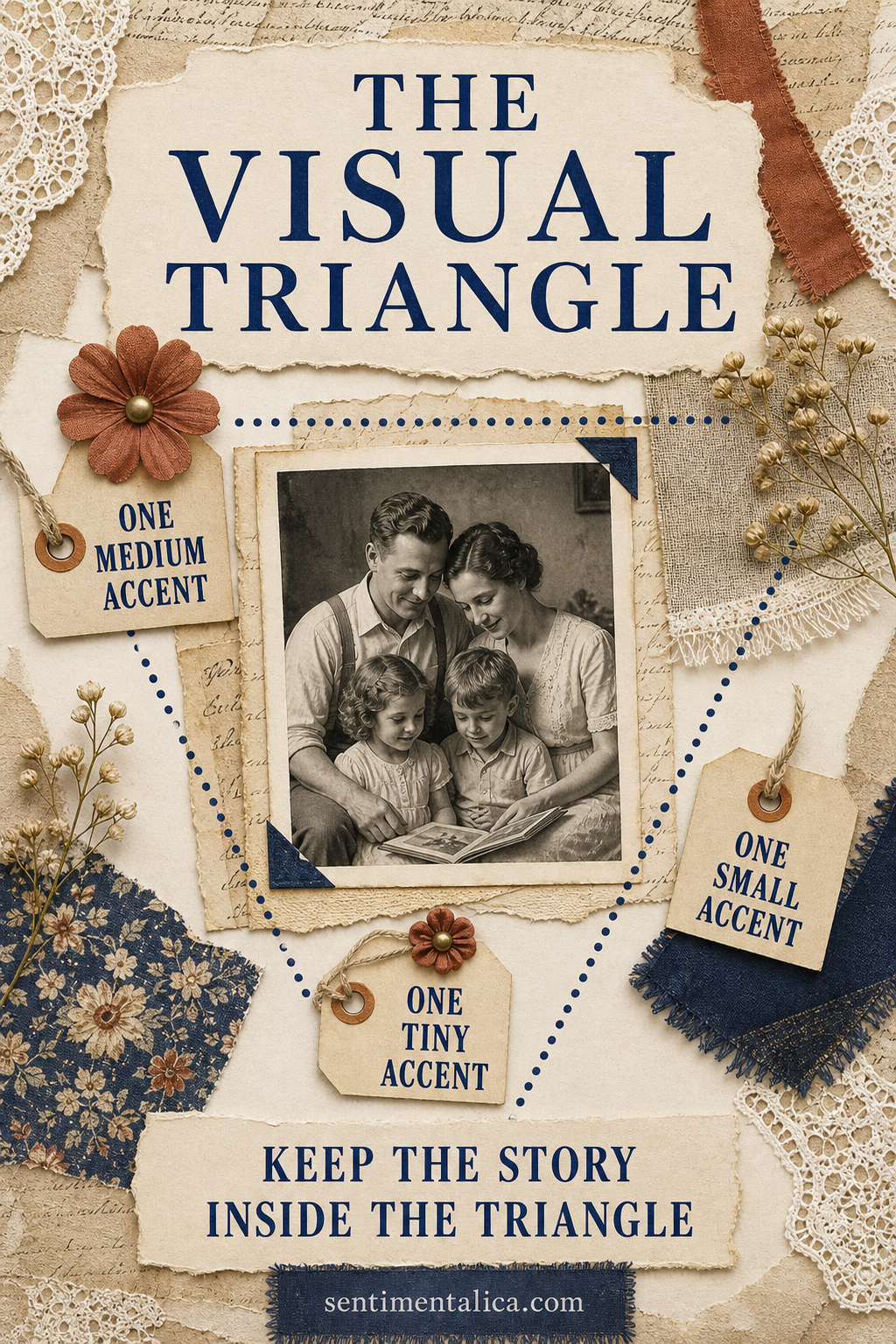 Scrapbooking infographic showing medium, small, and tiny accents forming a visual triangle around a family photograph
