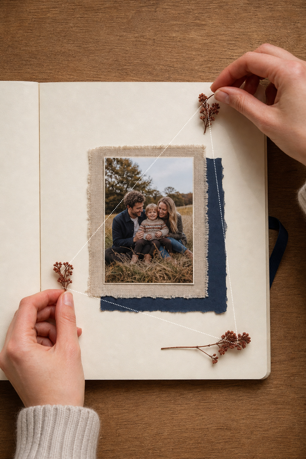 Hands placing three rust botanical accents around a family photograph to form a visual triangle