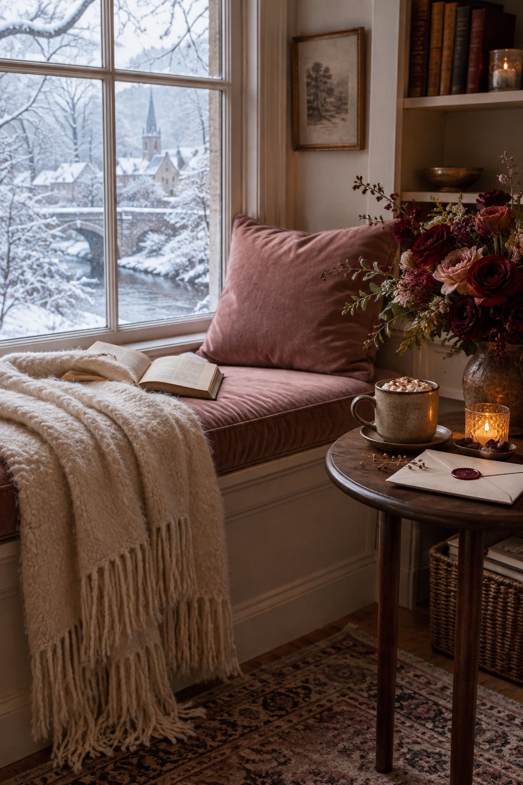 Winter Valentine window seat with a book, cocoa, flowers, and a handwritten envelope suggesting friendship and care.