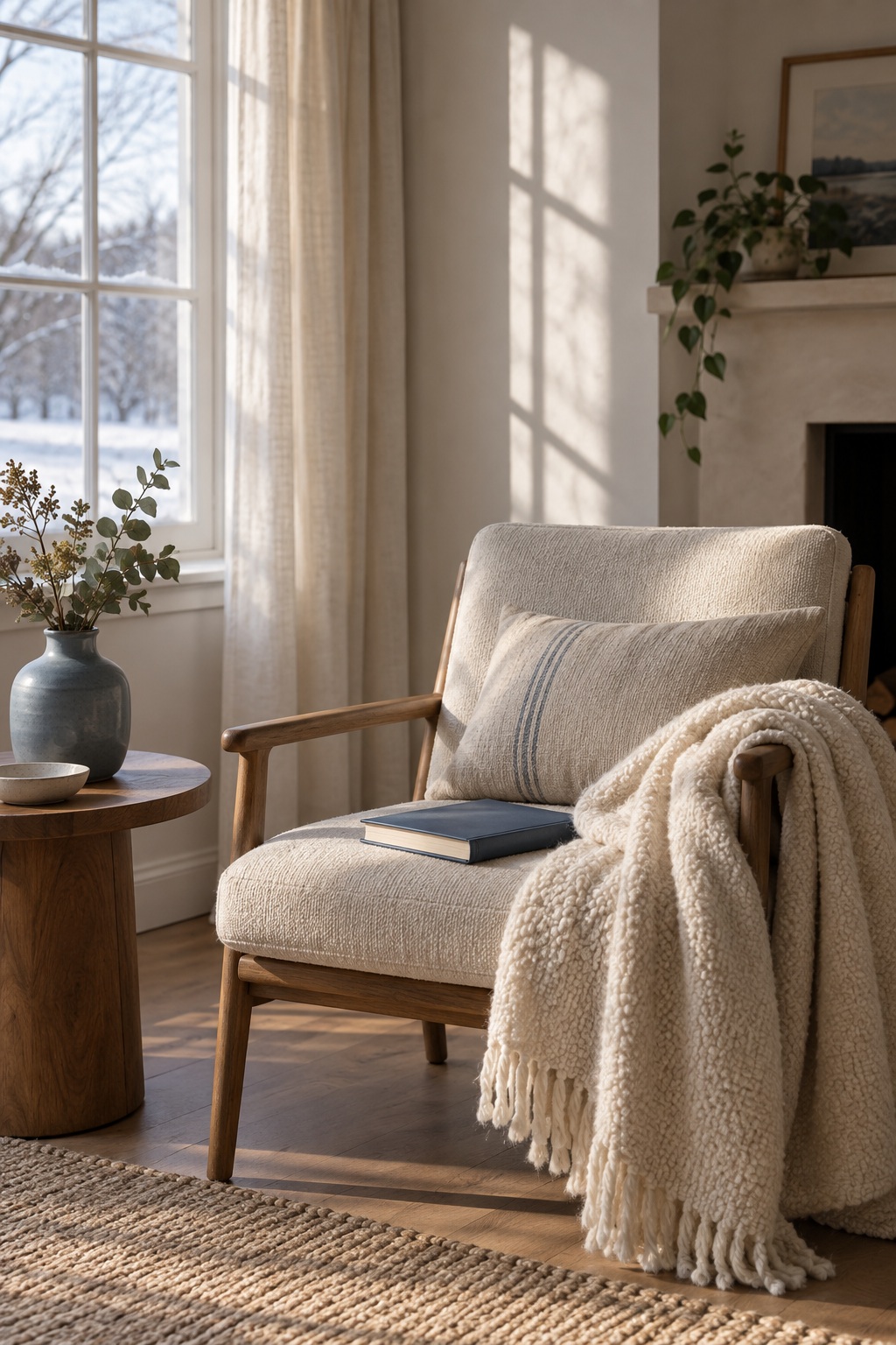 Soft February sitting room with neutral textiles, one dusty rose accent, winter daylight, and space for real family memories.