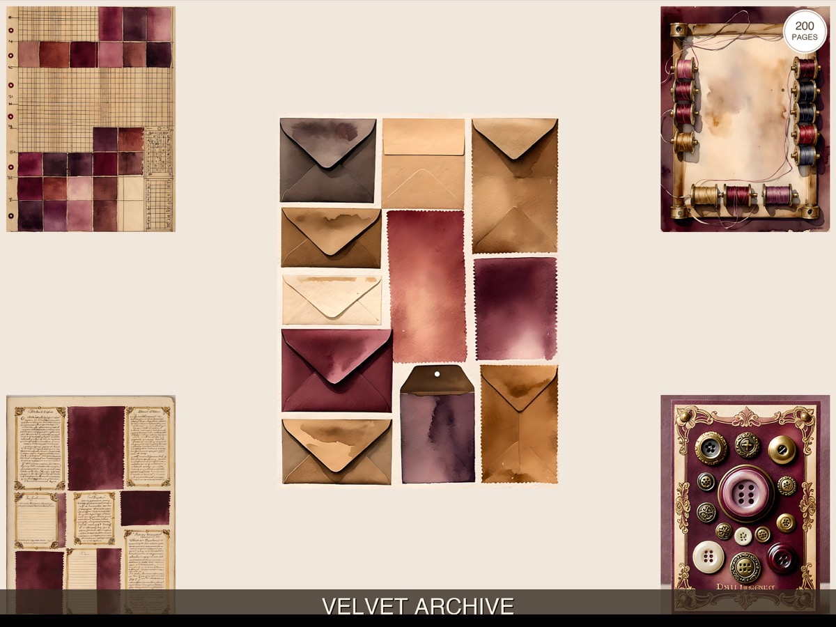 Real Velvet Archive listing composition with Victorian paper details