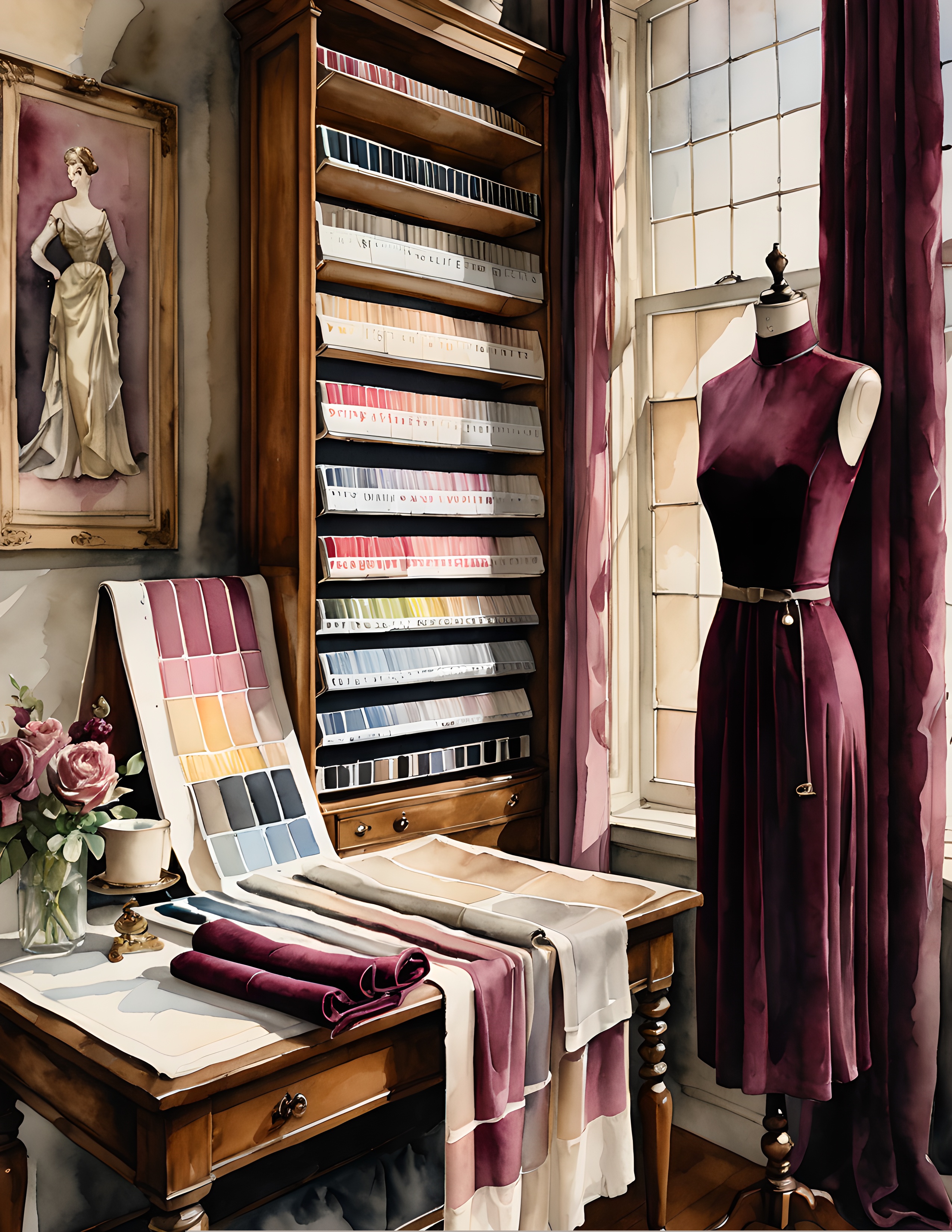 Real Velvet Archive listing composition with rich sewing-room colors