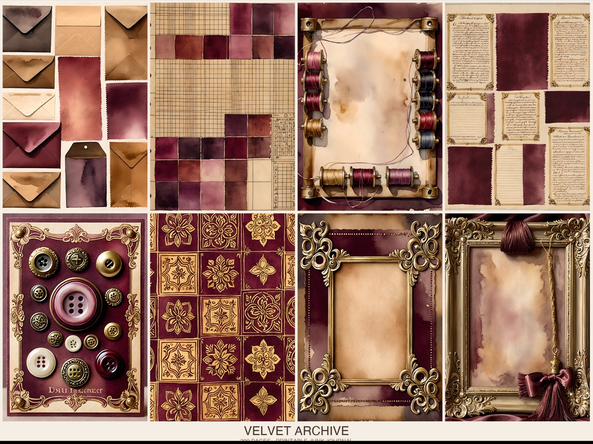 Real Velvet Archive listing composition with rich sewing-room colors