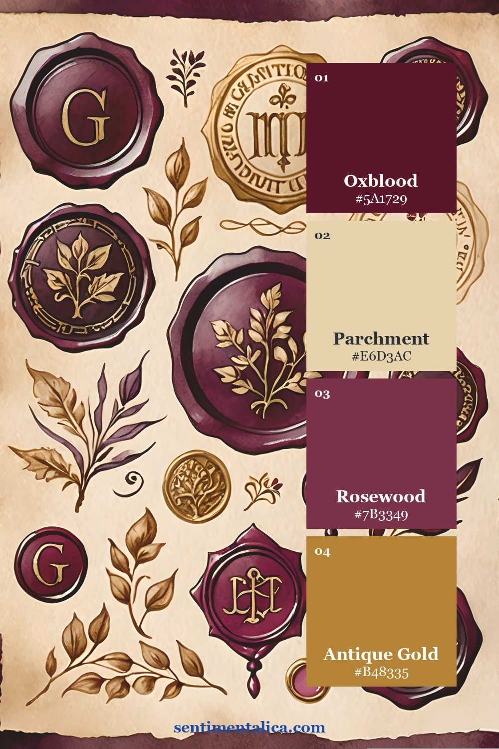 Velvet Archive palette with oxblood, parchment, rosewood and gilded cream