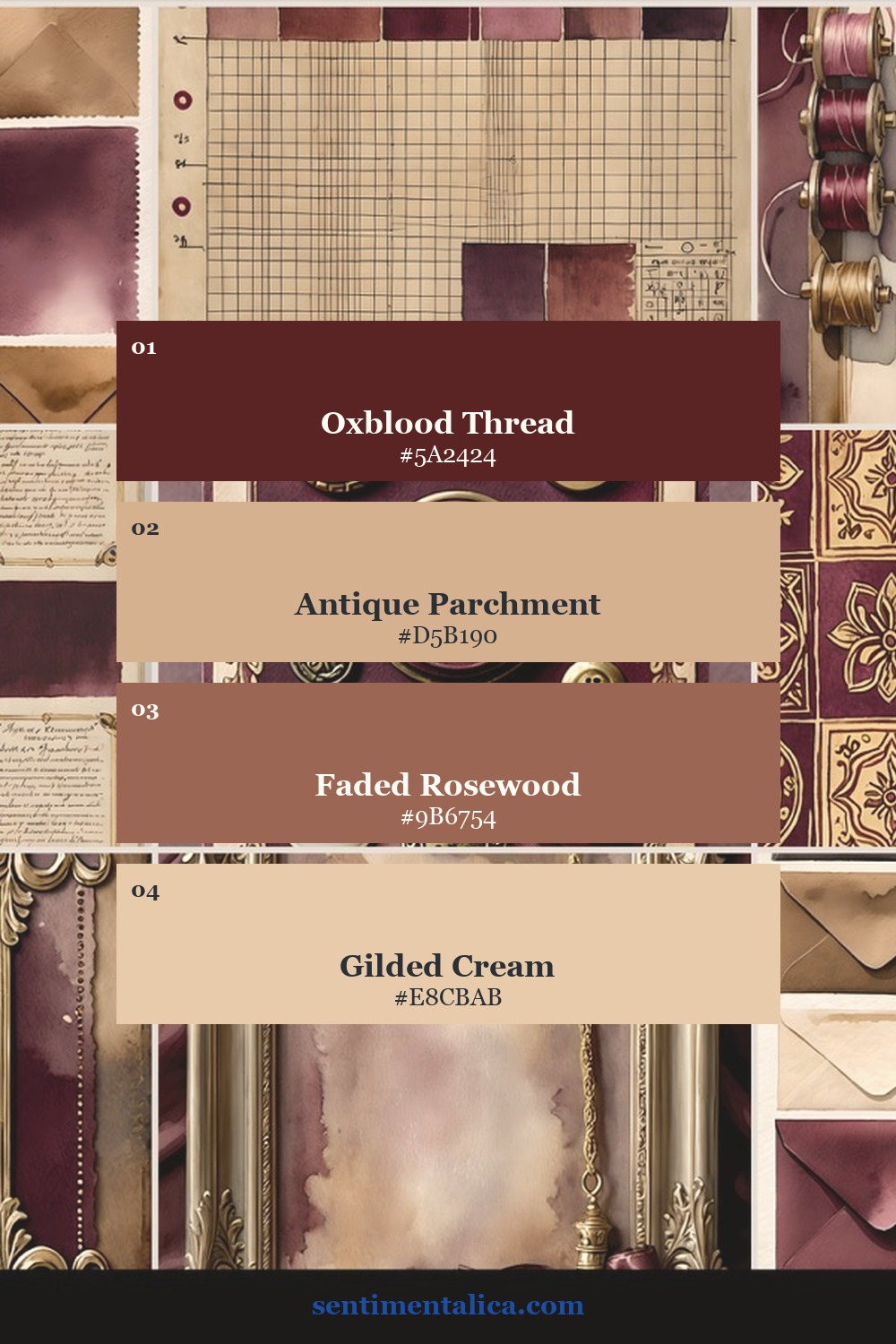 Velvet Archive palette with oxblood, parchment, rosewood and gilded cream
