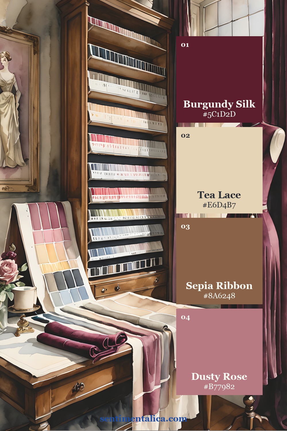 Velvet Archive palette with burgundy silk, sepia ribbon, pattern paper and tea lace