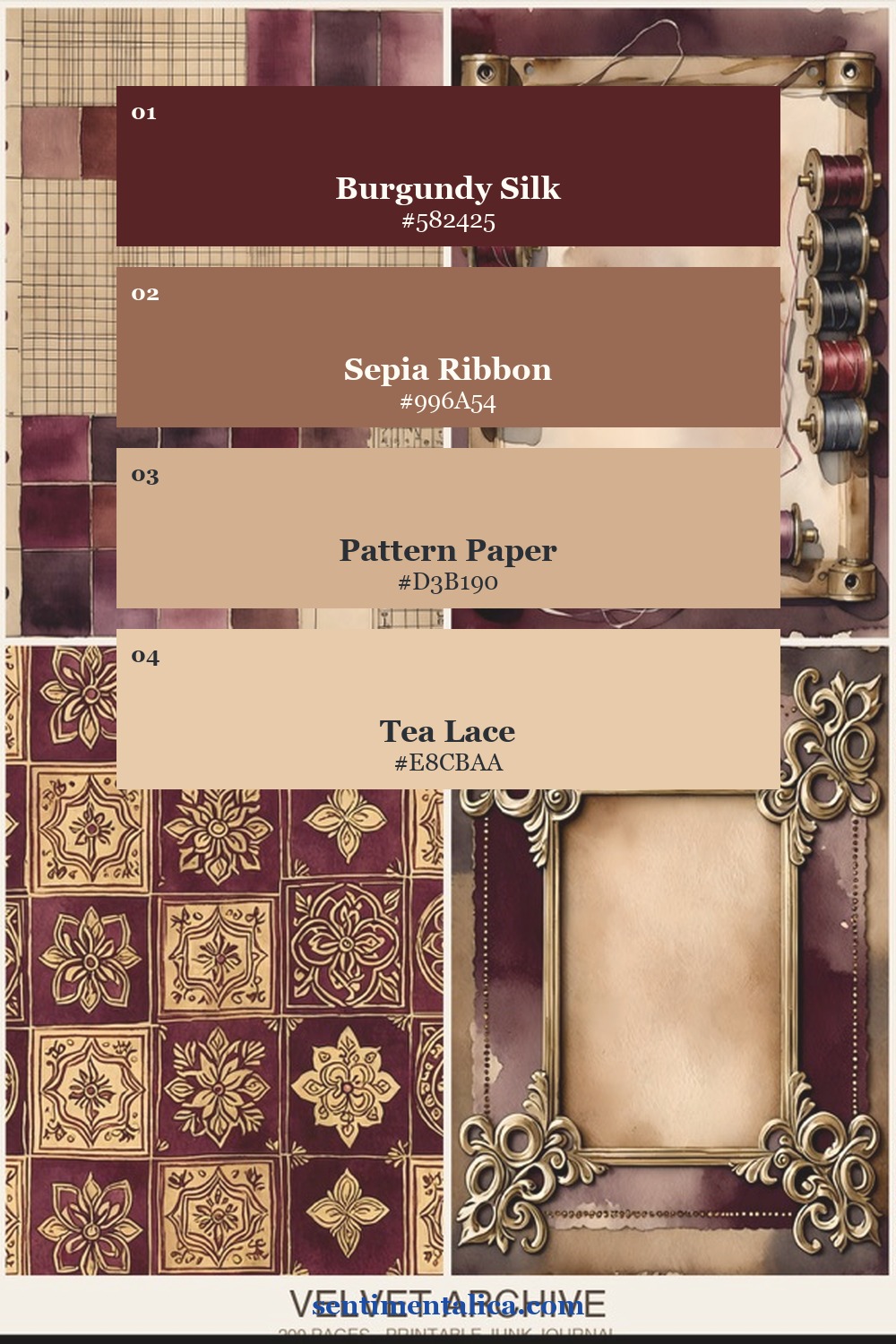 Velvet Archive palette with burgundy silk, sepia ribbon, pattern paper and tea lace