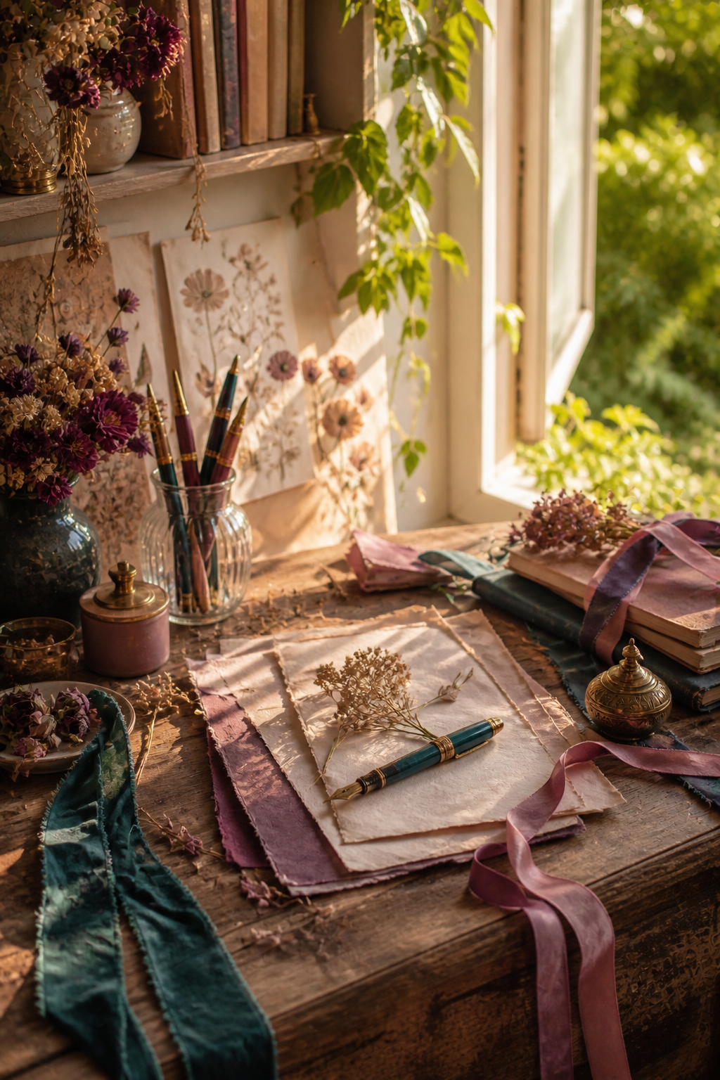 Sunlit romantic journal workspace in deep teal, dusty rose, plum, and antique gold