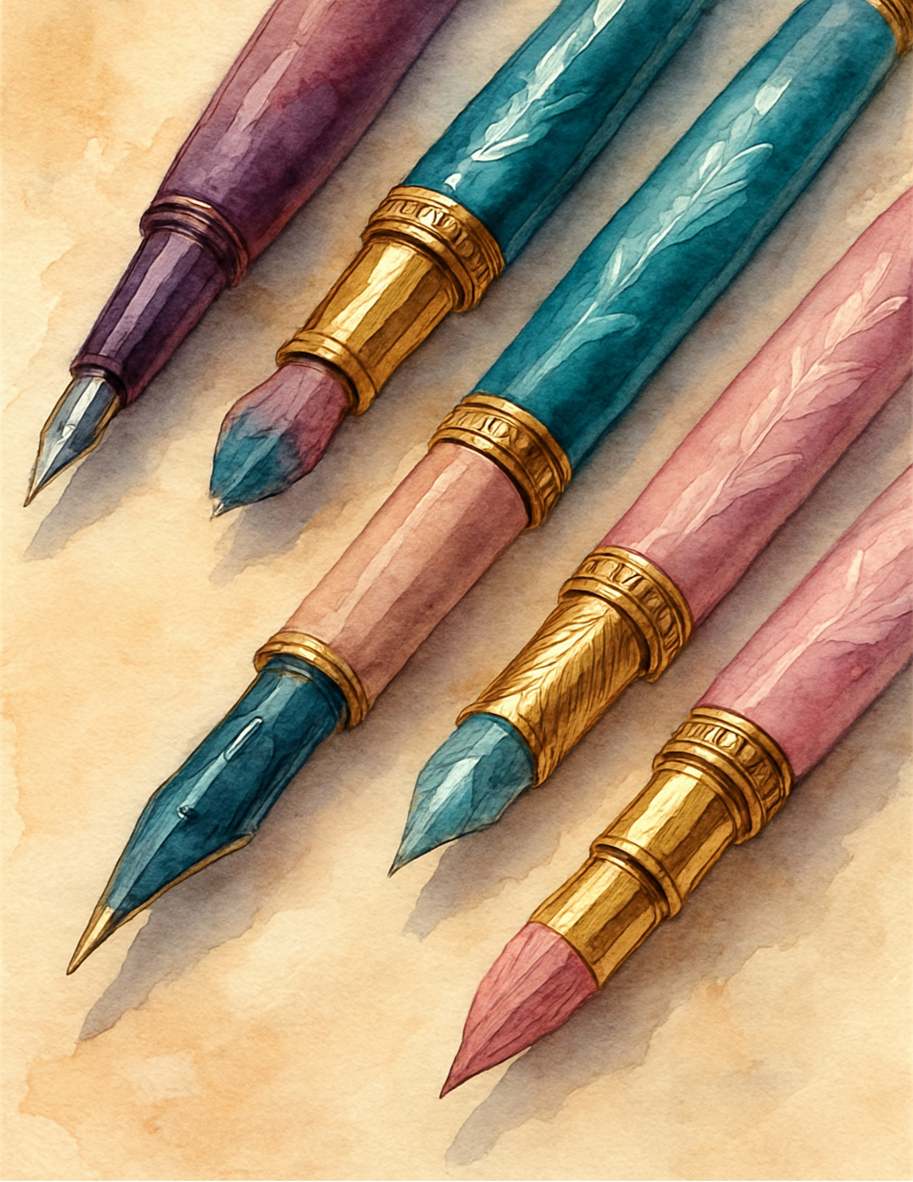 Authentic Velvet Vow watercolor page with jewel-toned writing instruments
