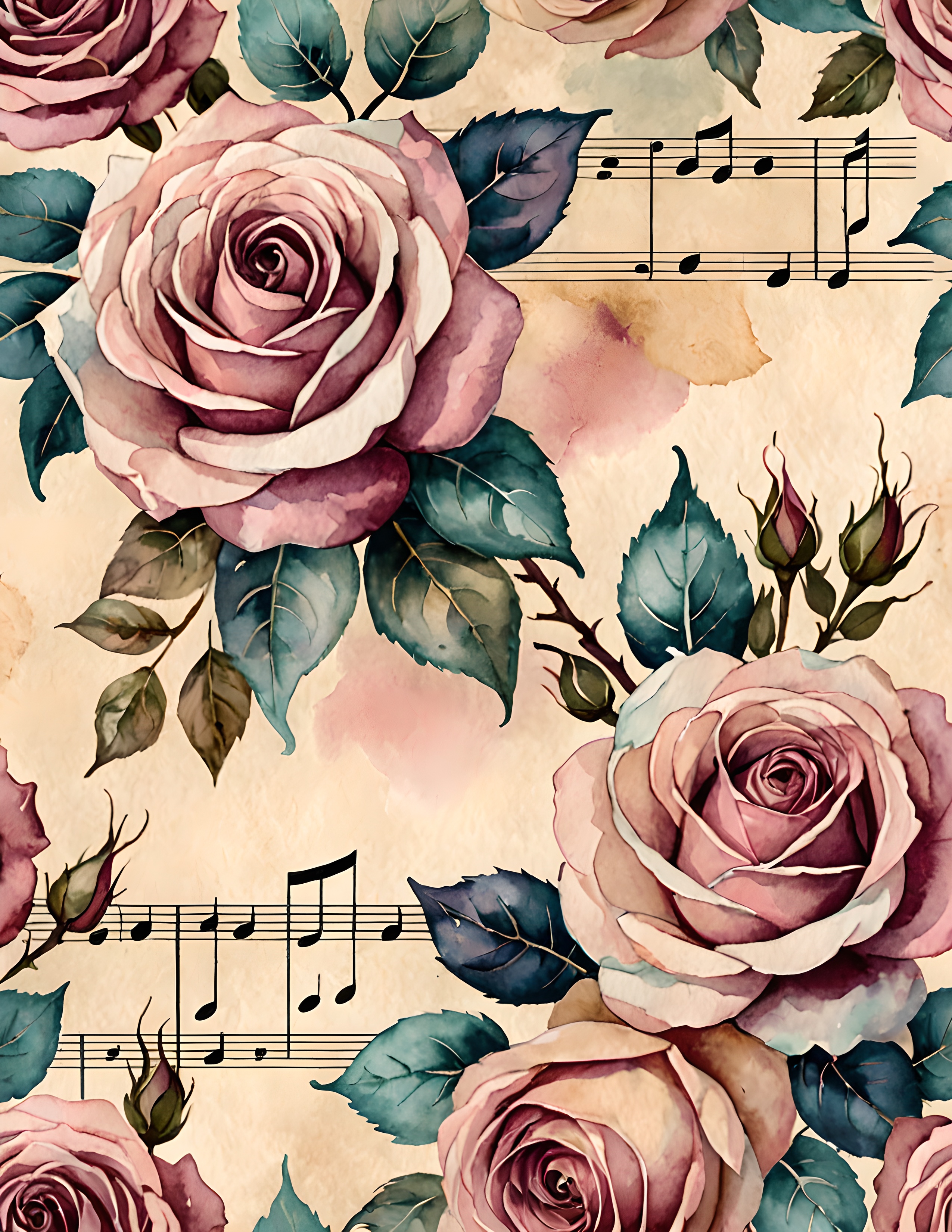 Authentic Velvet Vow watercolor page with roses and vintage music