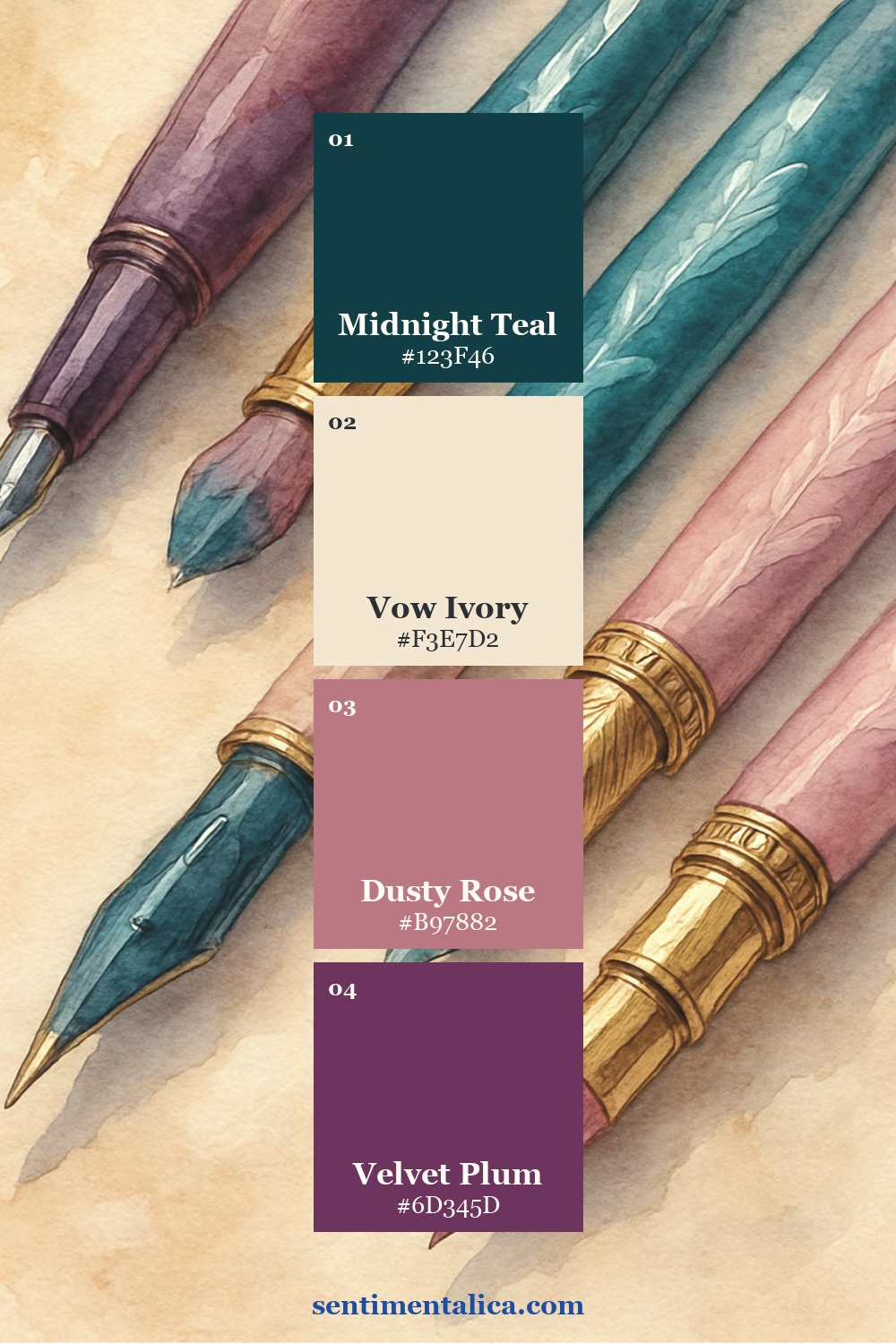Velvet Vow palette with midnight teal, ivory, dusty rose, and velvet plum over an authentic watercolor page