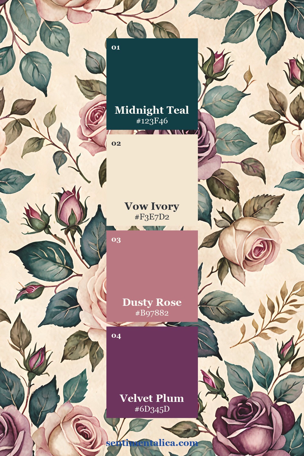 Romantic rose watercolor page with four coordinated Velvet Vow color swatches