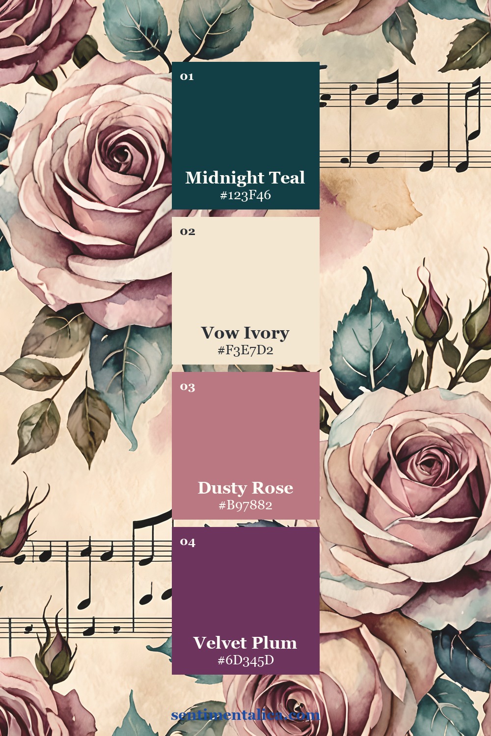 Velvet Vow floral music watercolor page with a coordinated four-color palette