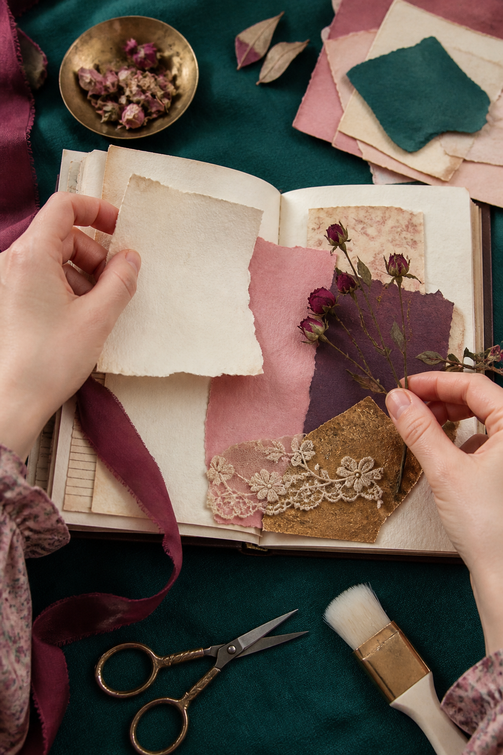 Hands arranging teal, rose, plum, ivory, lace, and dried flowers in an open junk journal