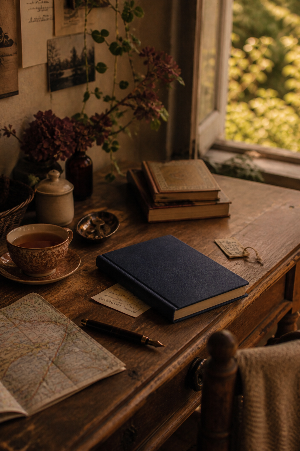 Old wooden desk with a closed journal, receipt, label, folded map, and fountain pen in golden evening light