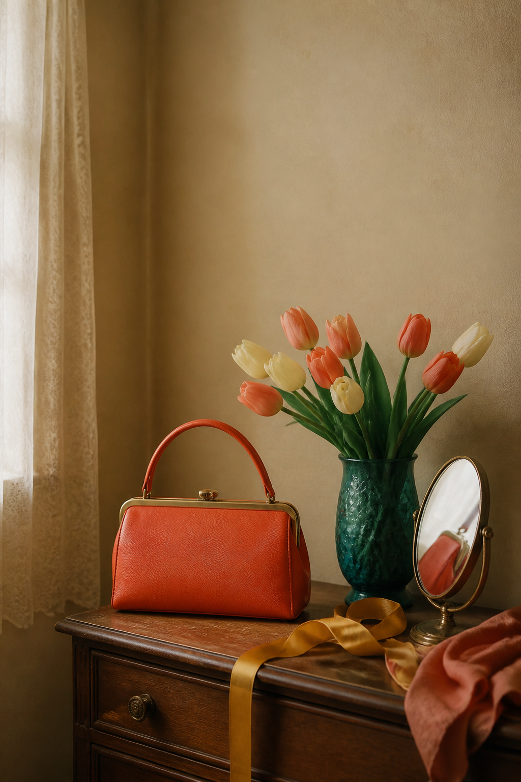 Retro dressing table with coral flowers, teal details, and soft morning light