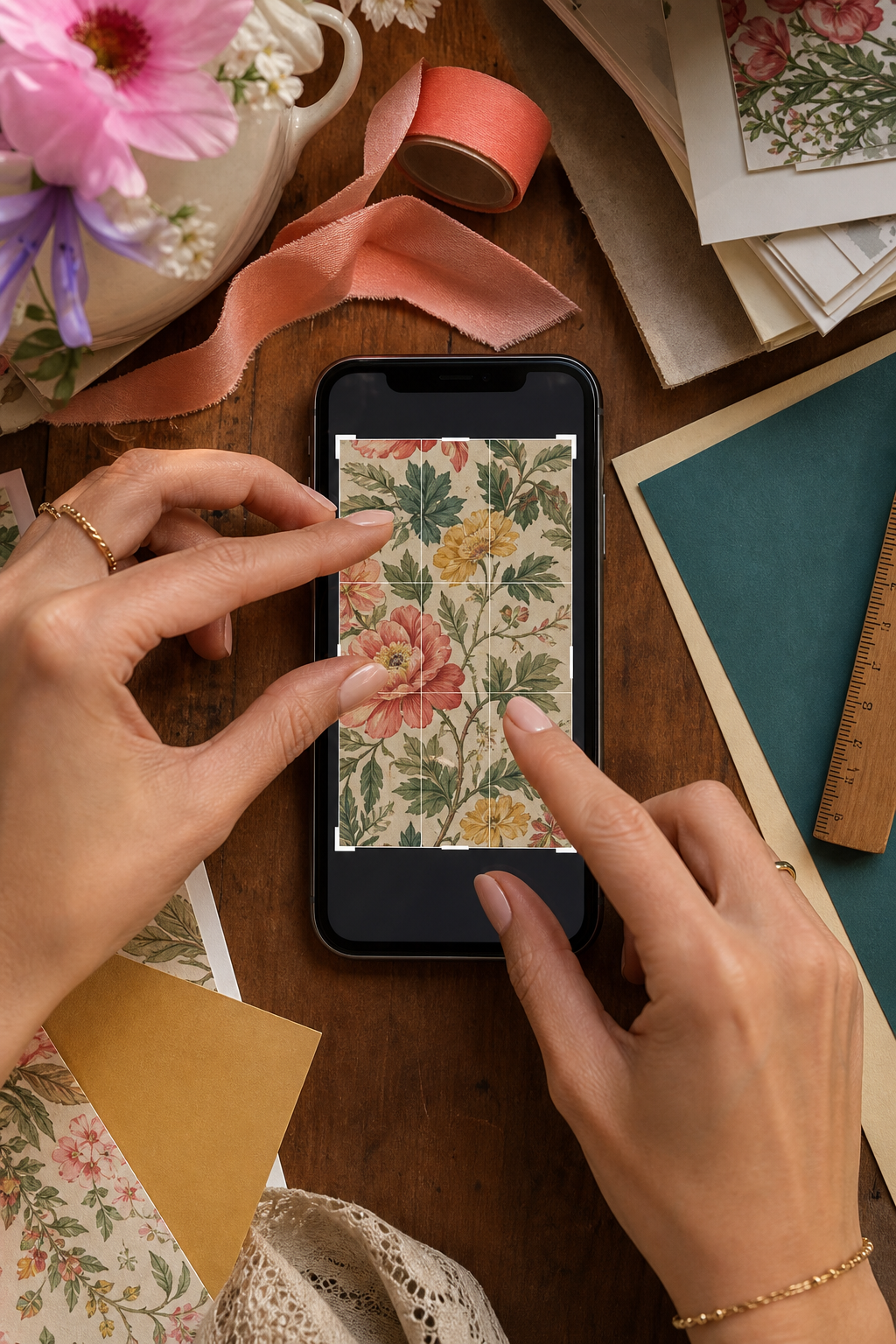 Hands cropping vintage artwork for a phone beside coral ribbon and teal paper