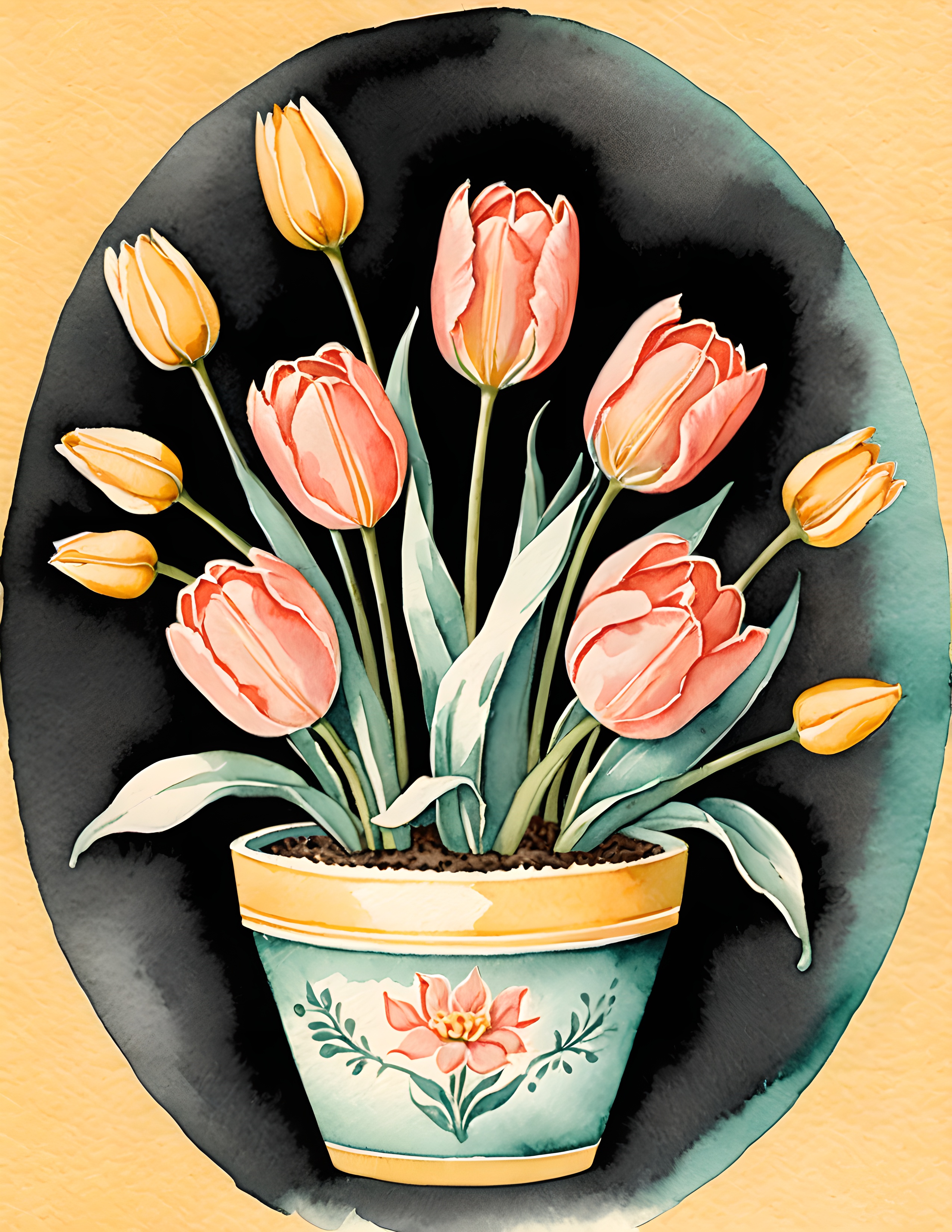 Real Fifties Nostalgia page with tulips on a dark oval ground