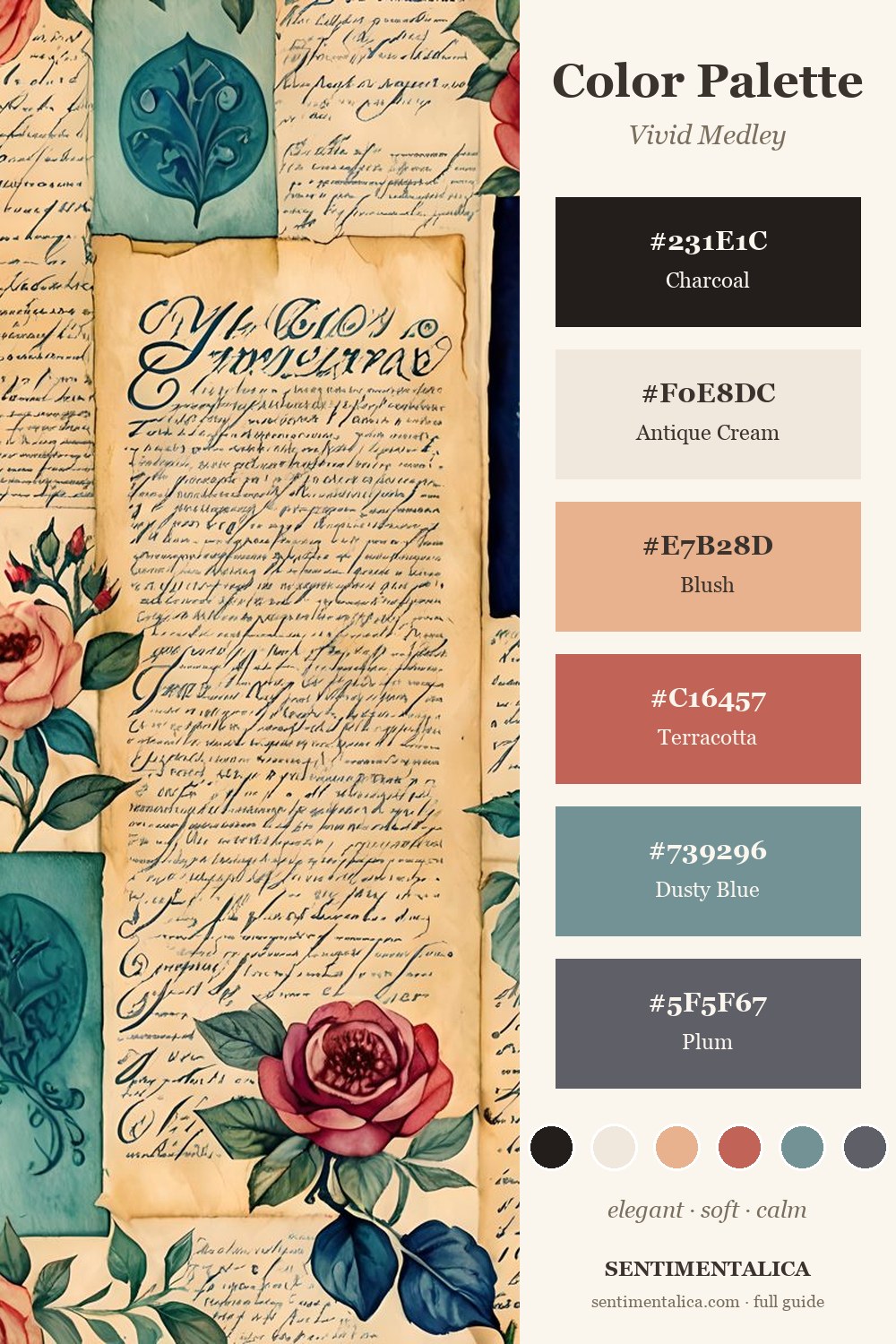 A Vivid Medley color palette card using a real printable page as the background, with charcoal, antique cream, blush, terracotta, dusty blue, and plum swatches