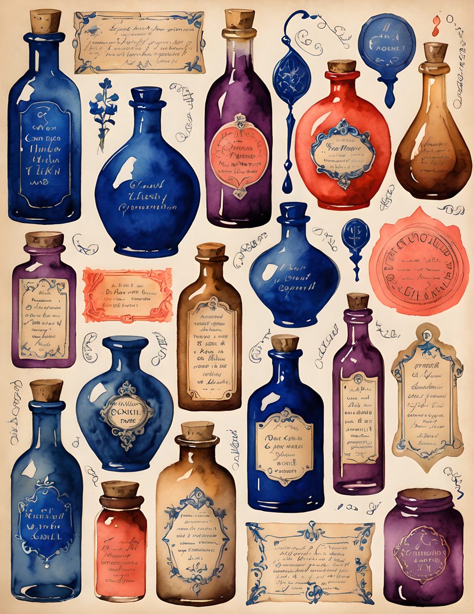 Vivid Medley printable apothecary bottle page with blue, plum, terracotta, and brown accents