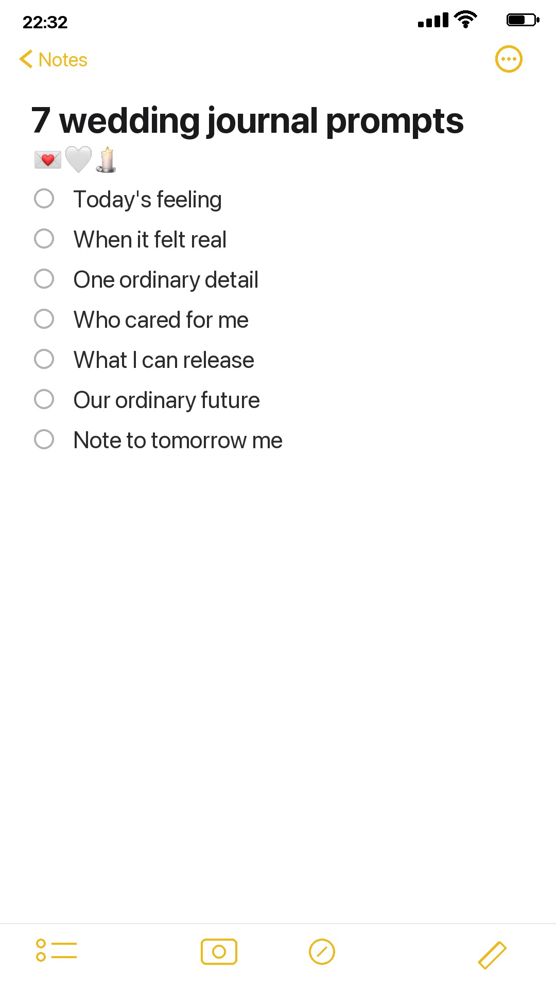 iPhone Notes list of seven wedding journal prompts
