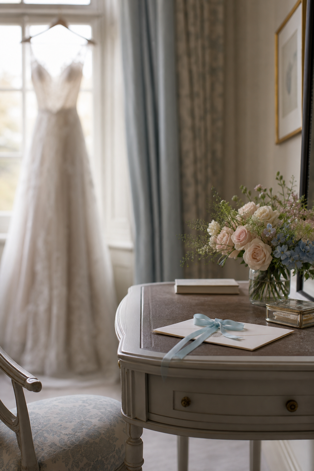 Quiet bridal room with an ivory dress, sealed letter, and powder-blue ribbon