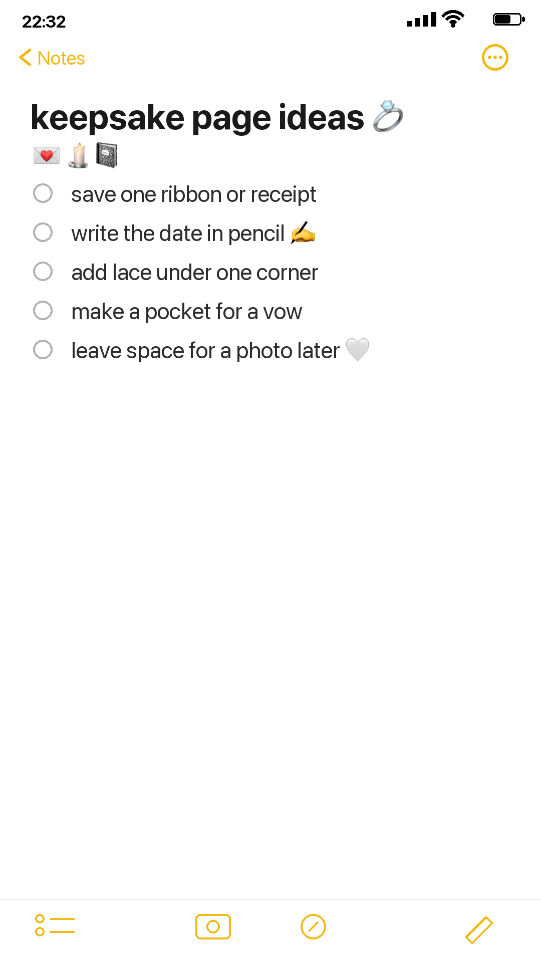 iPhone Notes checklist for wedding keepsake journal ideas