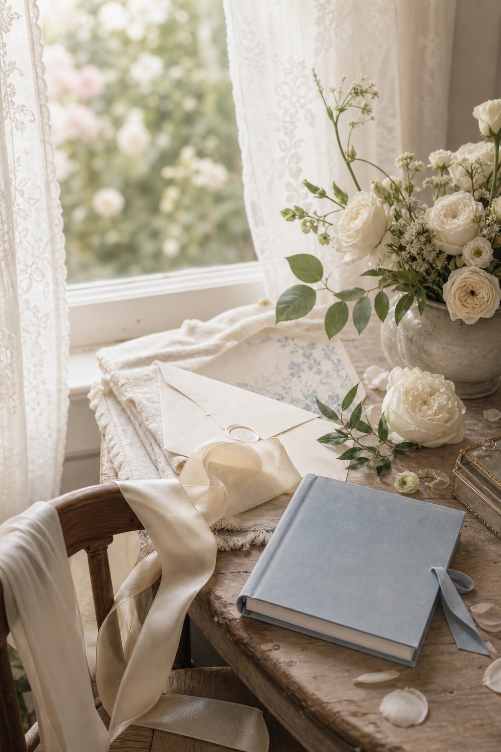 Soft bridal desk with roses ribbon and blue notebook