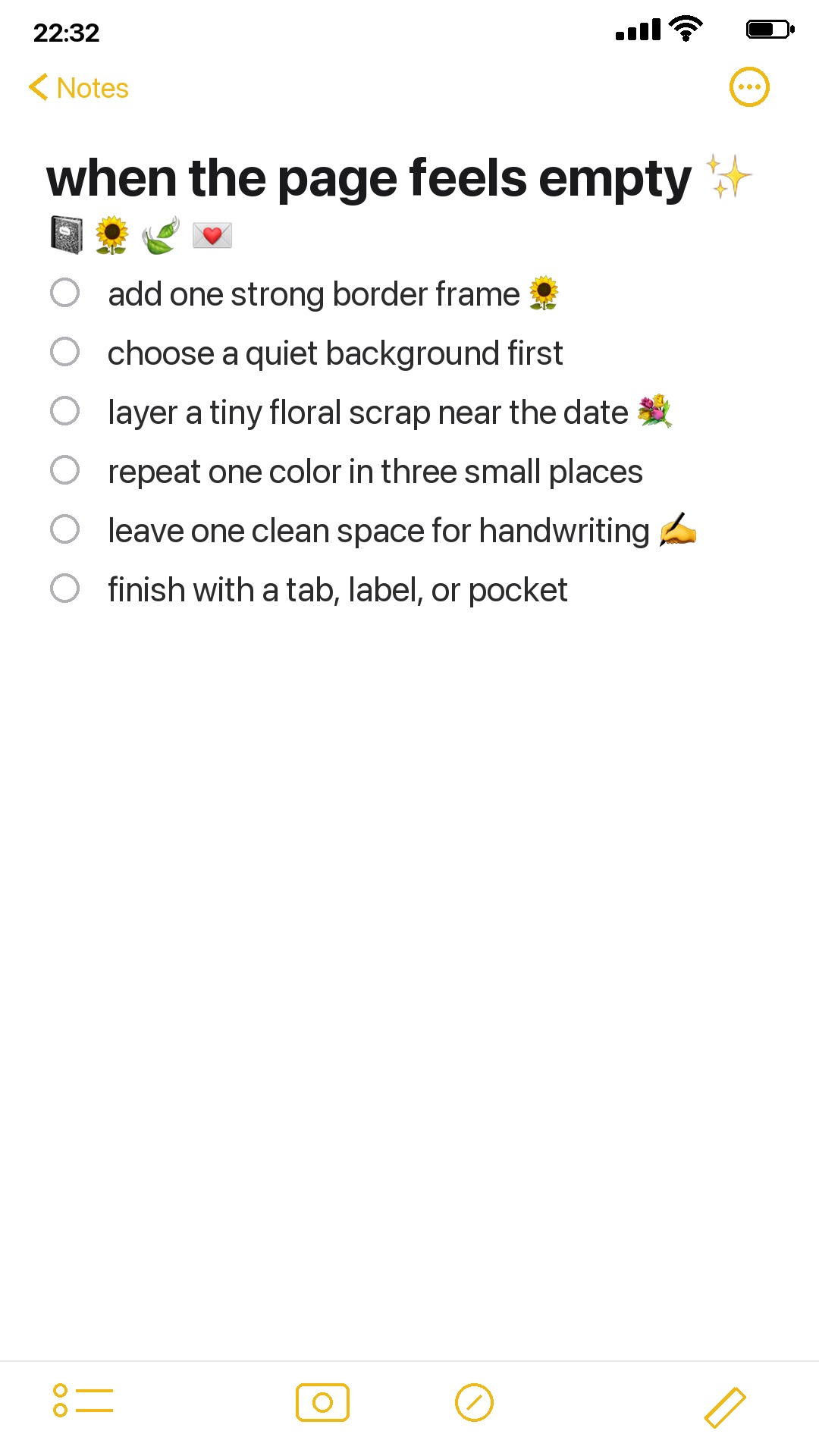 iPhone Notes checklist for what to add when a journal page feels empty