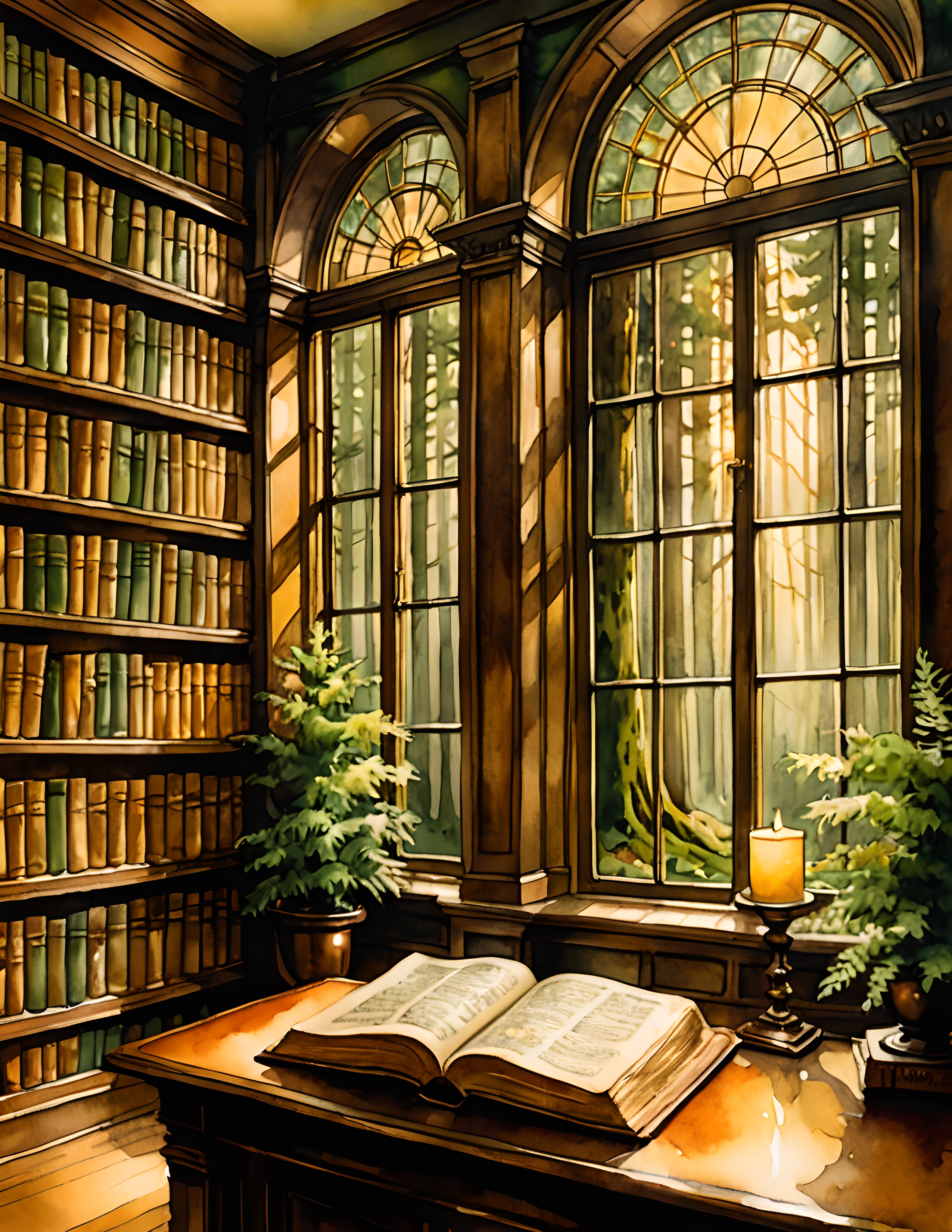 Forest Books printable library page with warm window light