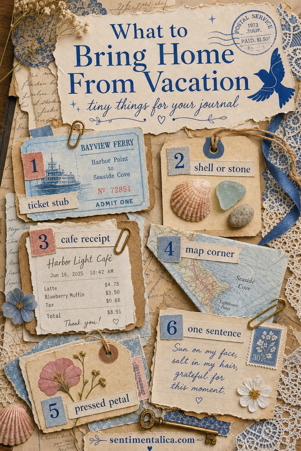 Infographic list of what to bring home from vacation for your junk journal