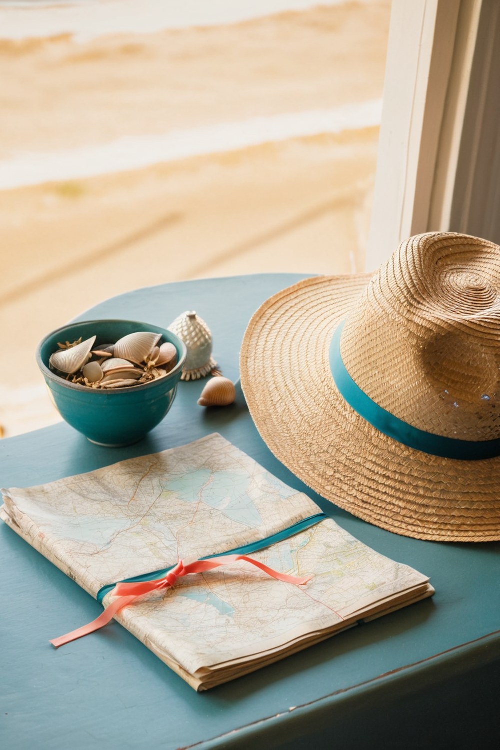 Coastal vacation atmosphere with a hat, shell bowl, map, and blue notebook