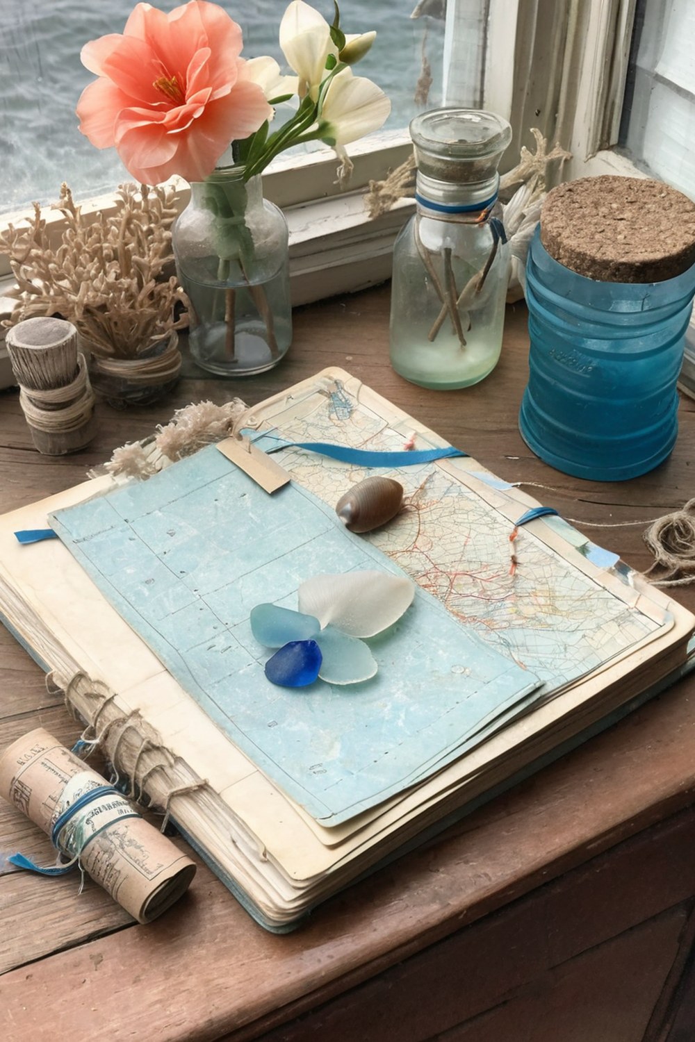 Realistic seaside junk journal desk with map scraps, shells, blue ribbon, and vacation papers