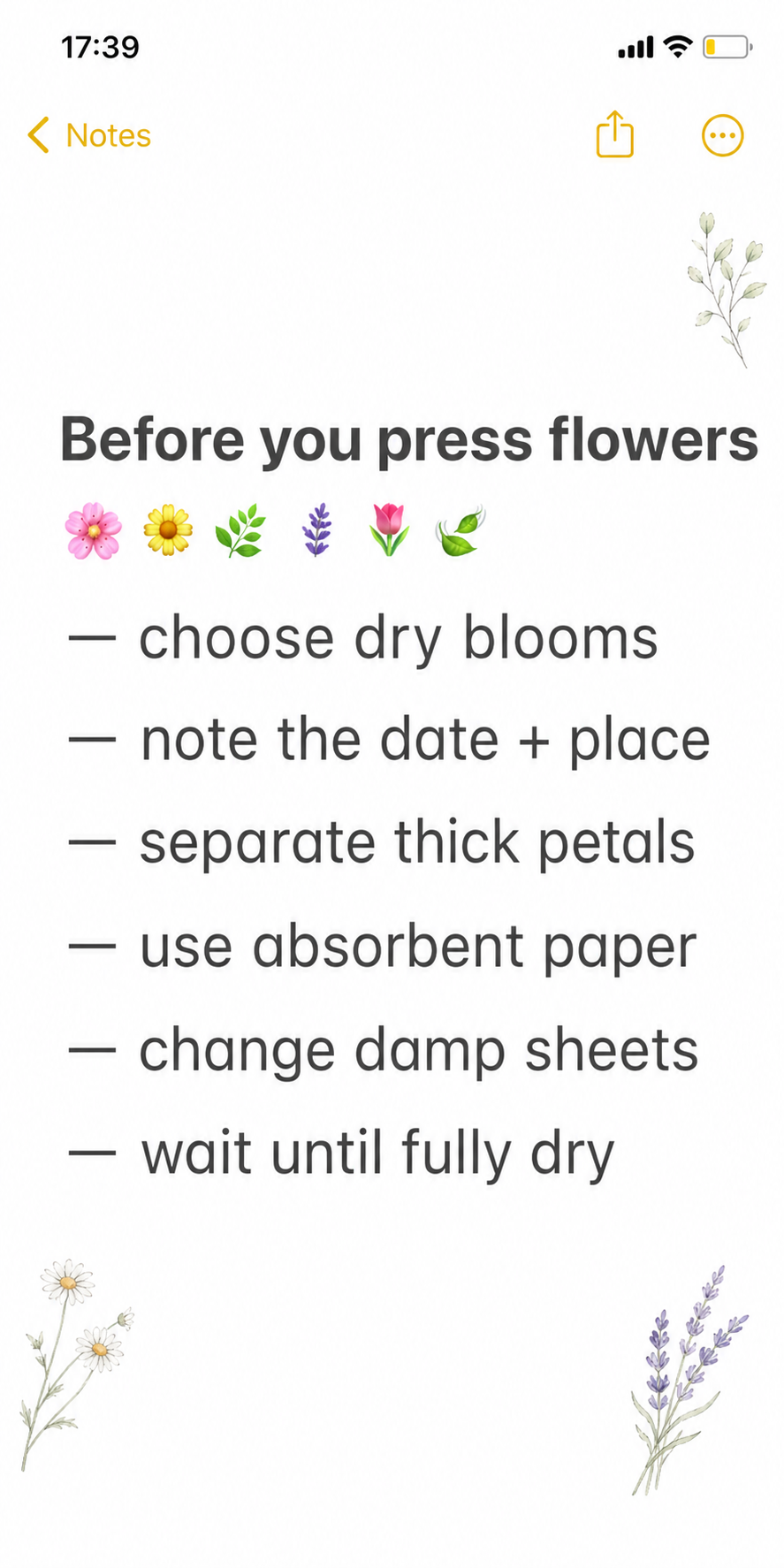 iPhone Notes-style pressed flower preparation checklist with flower emojis