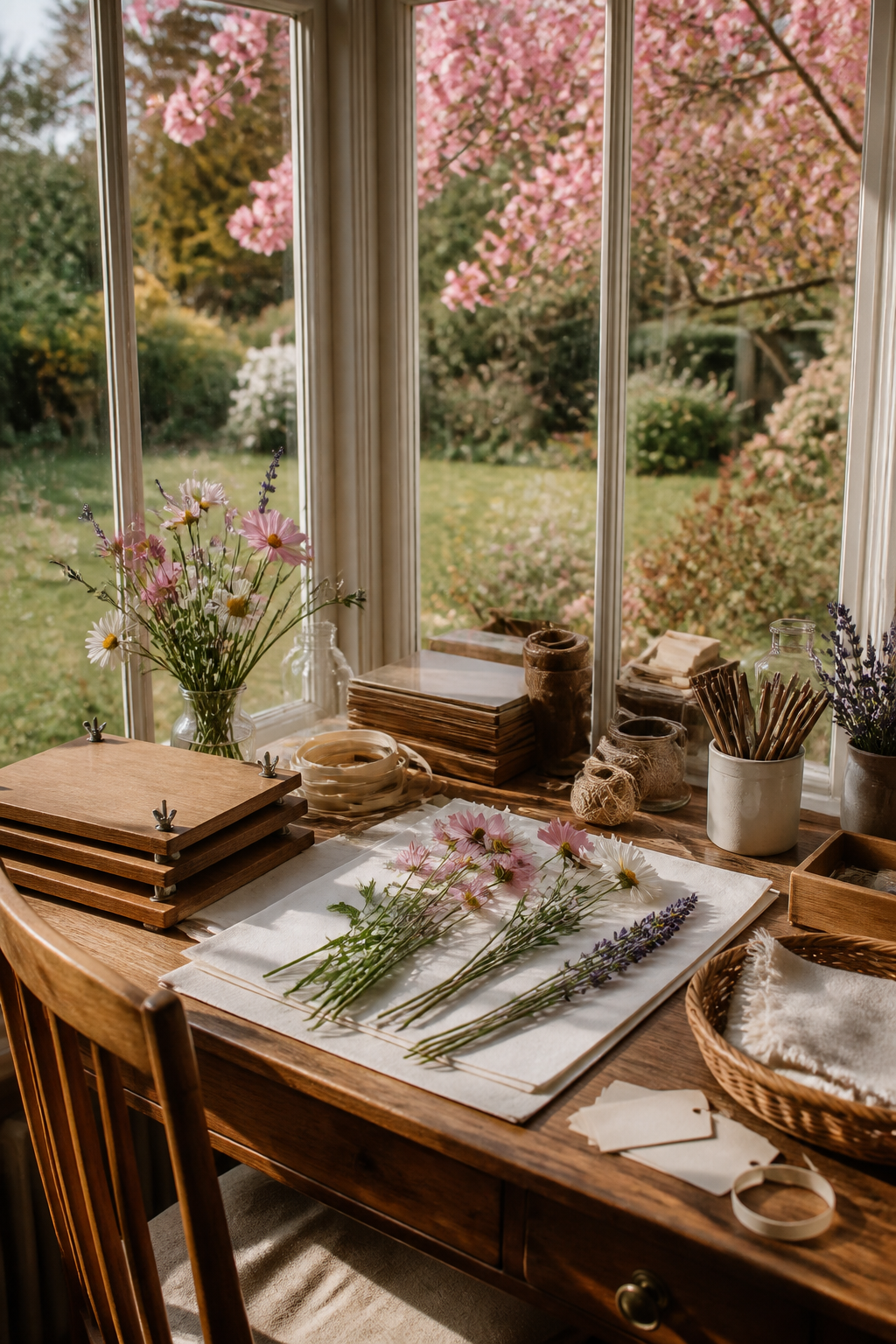 Botanical preparation table with meadow flowers and a flower press