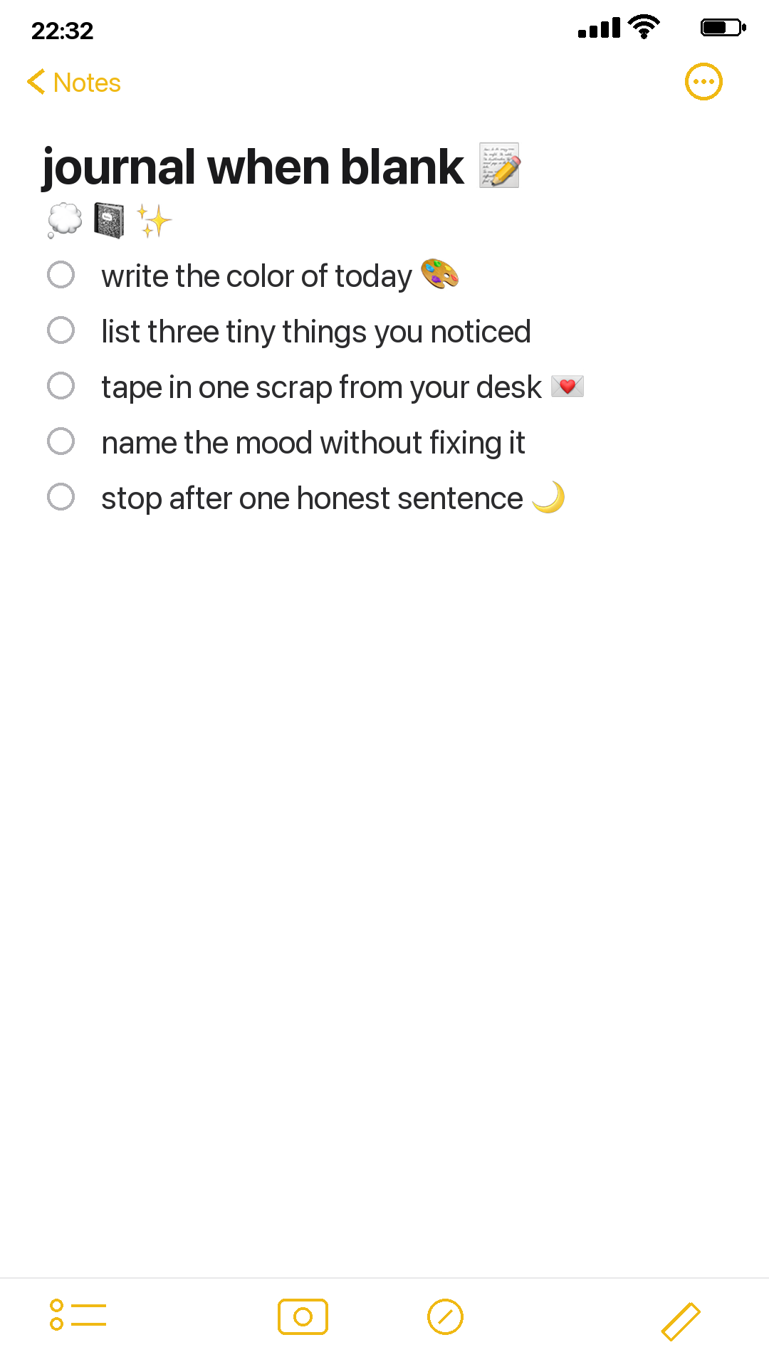 An iPhone Notes style checklist of ideas for journaling when your mind feels blank