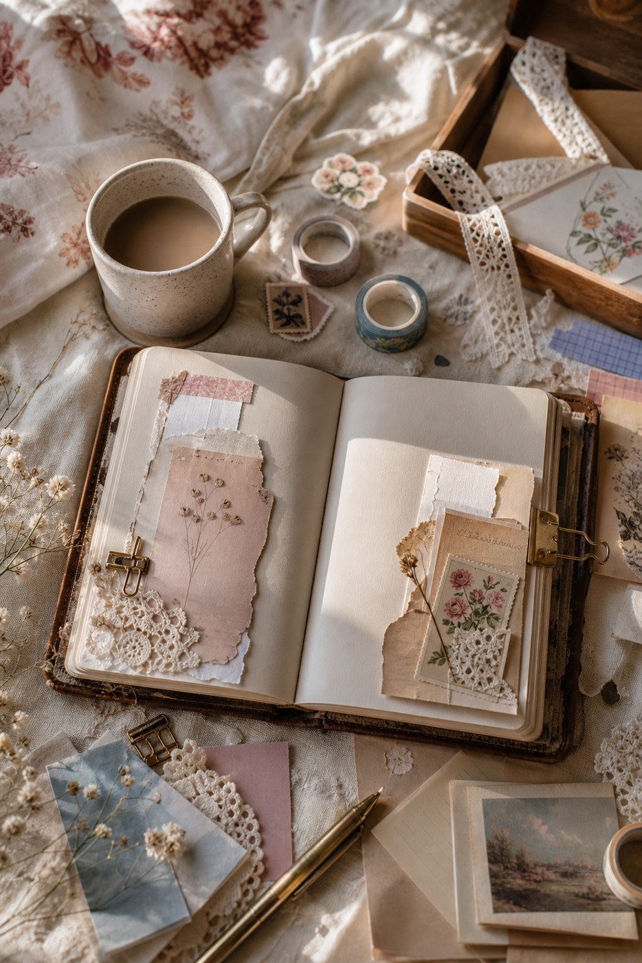 A soft junk journal setup with blank pages, paper scraps, lace, washi tape, and coffee