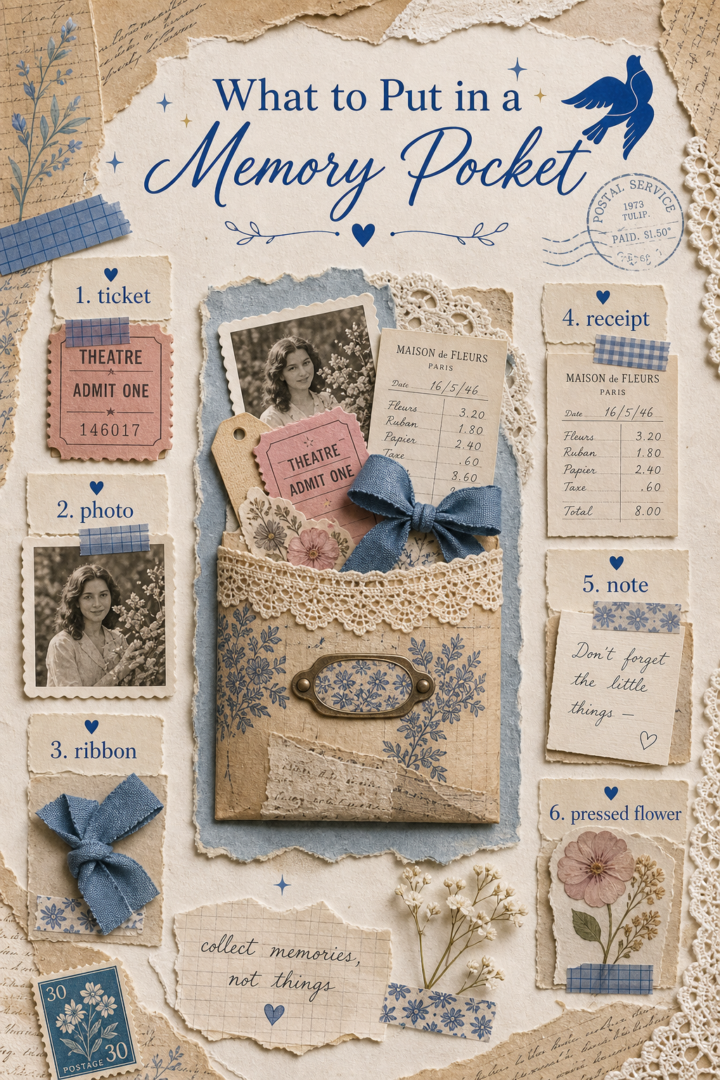A Sentimentalica blue scrapbook-style infographic titled What to Put in a Memory Pocket, with ticket, photo, ribbon, receipt, note, and pressed flower ideas