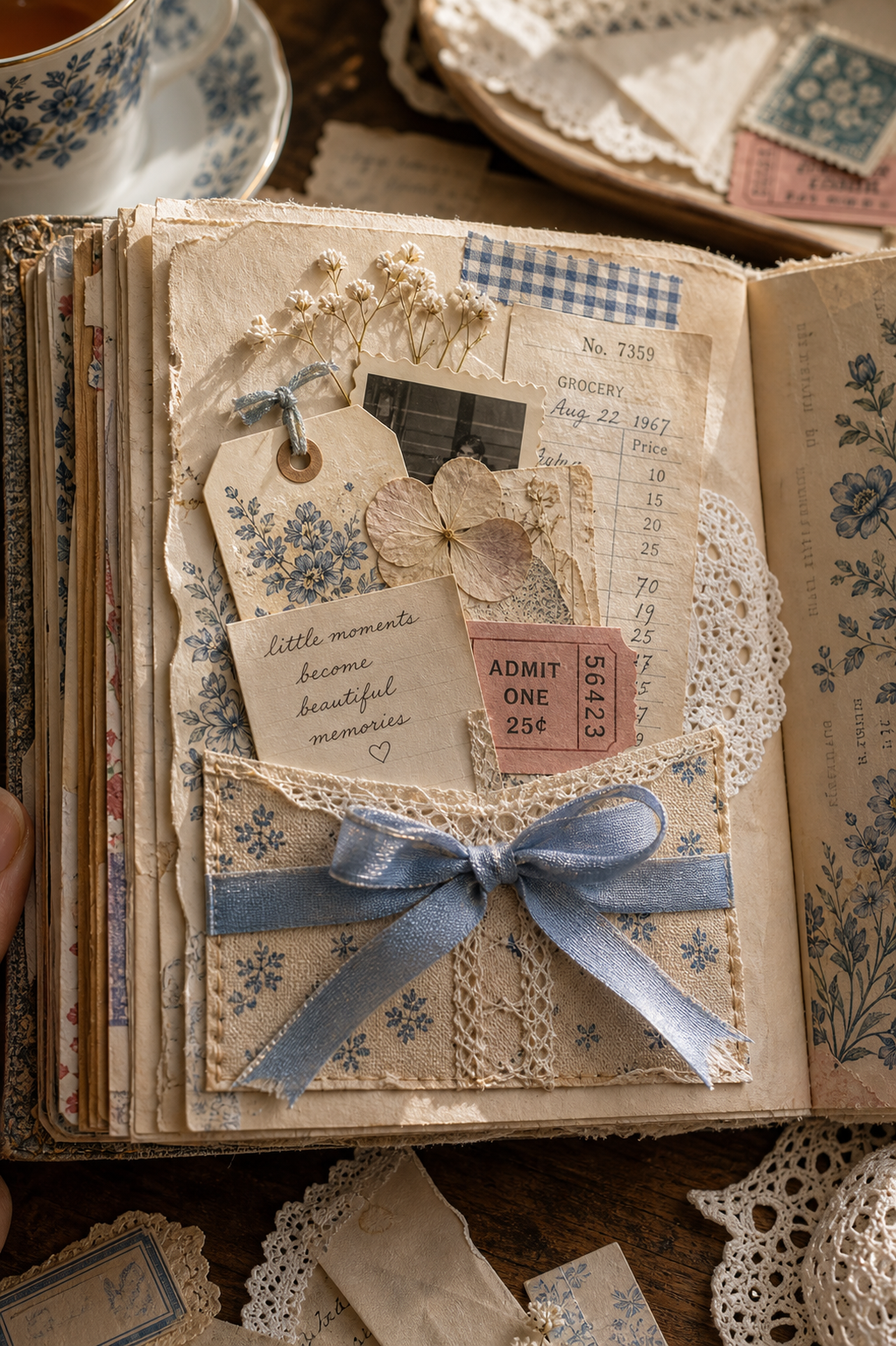 A realistic open junk journal with a handmade memory pocket holding a ticket, ribbon, receipt, tiny note, and pressed flower