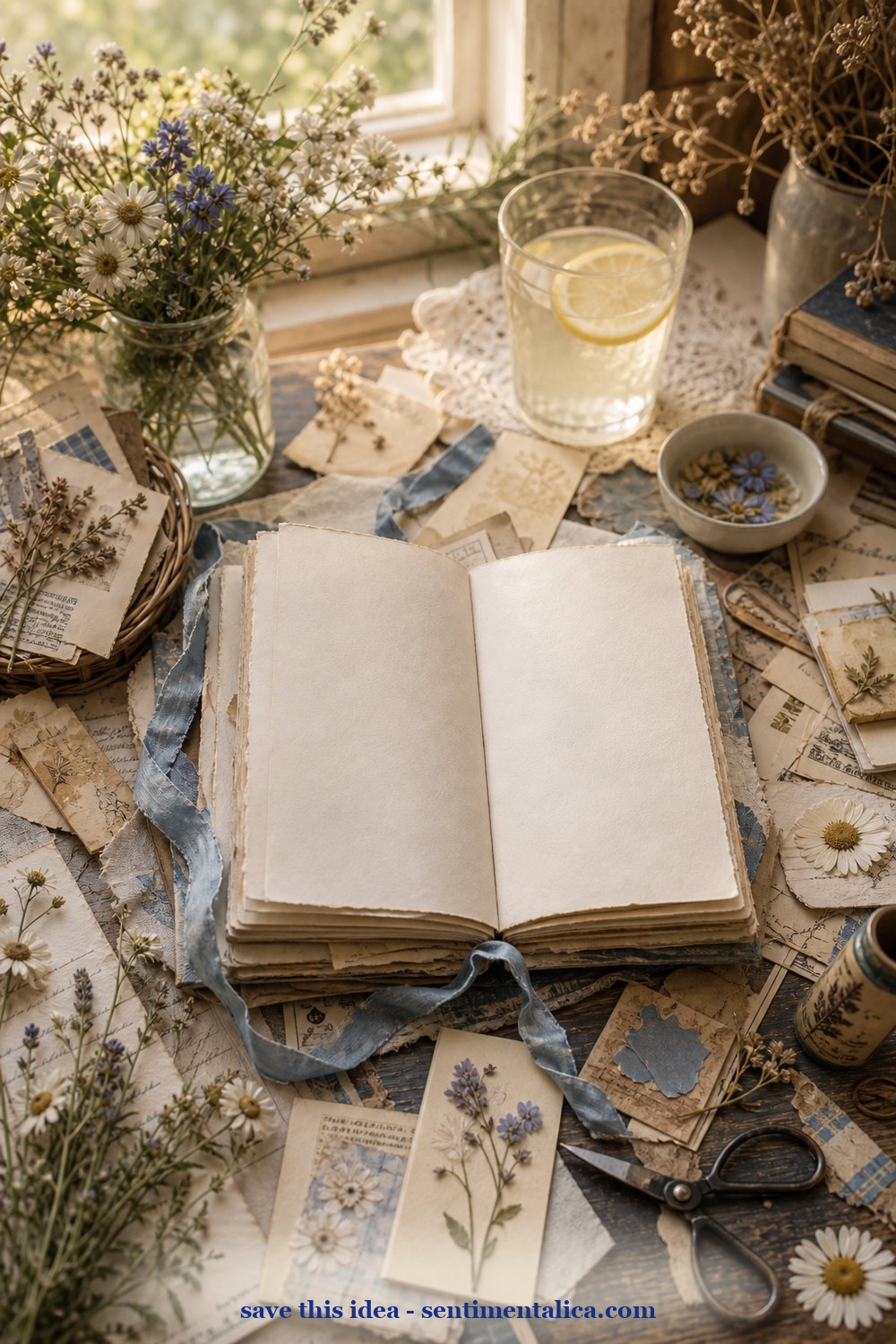 Realistic summer junk journal desk scene with saved scraps