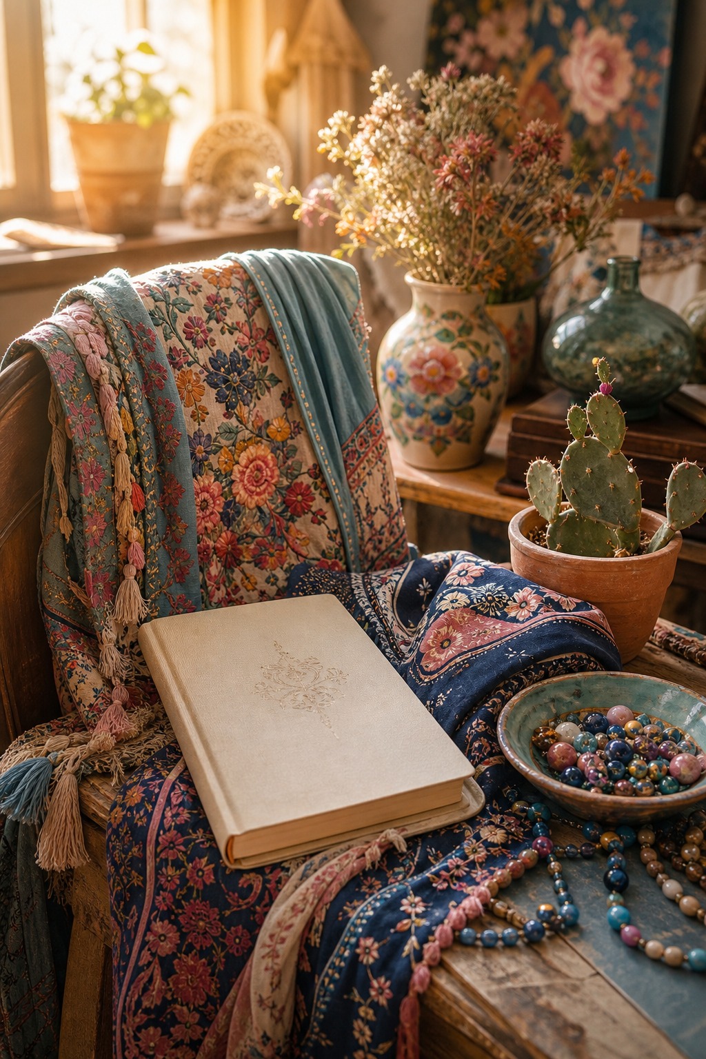 Colorful bohemian studio corner with textiles and cactus