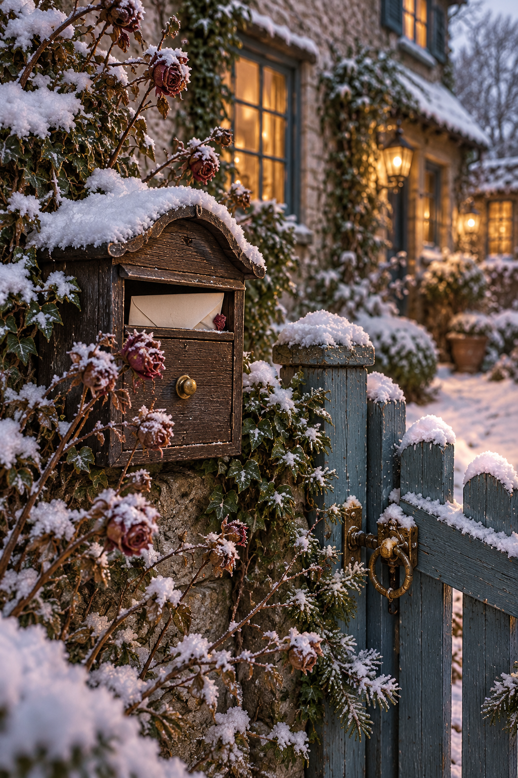 A snowy postbox with a letter beside a cottage garden gate in winter
