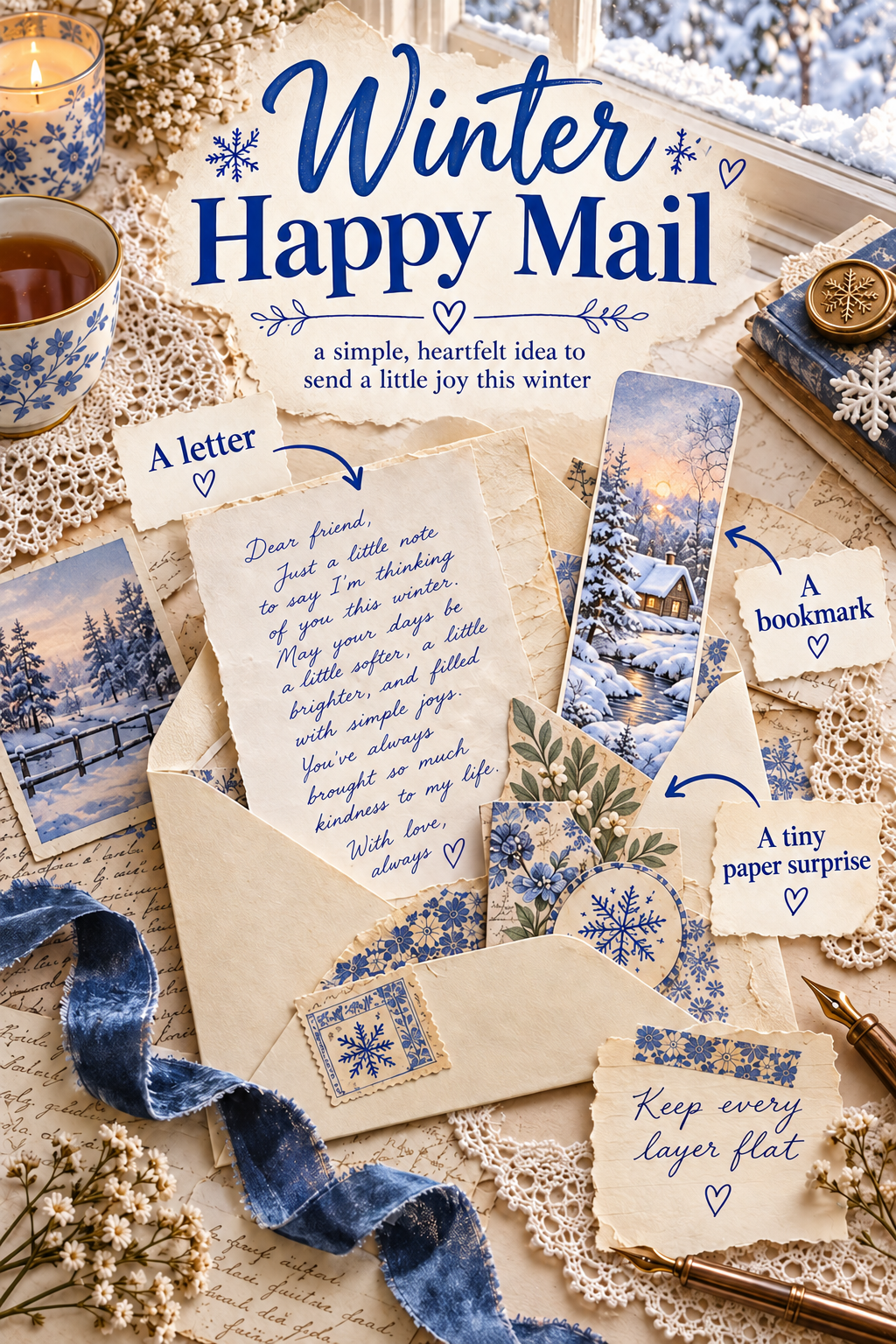 Winter happy mail guide with a personal letter, one easy question, a flat bookmark, and envelope check