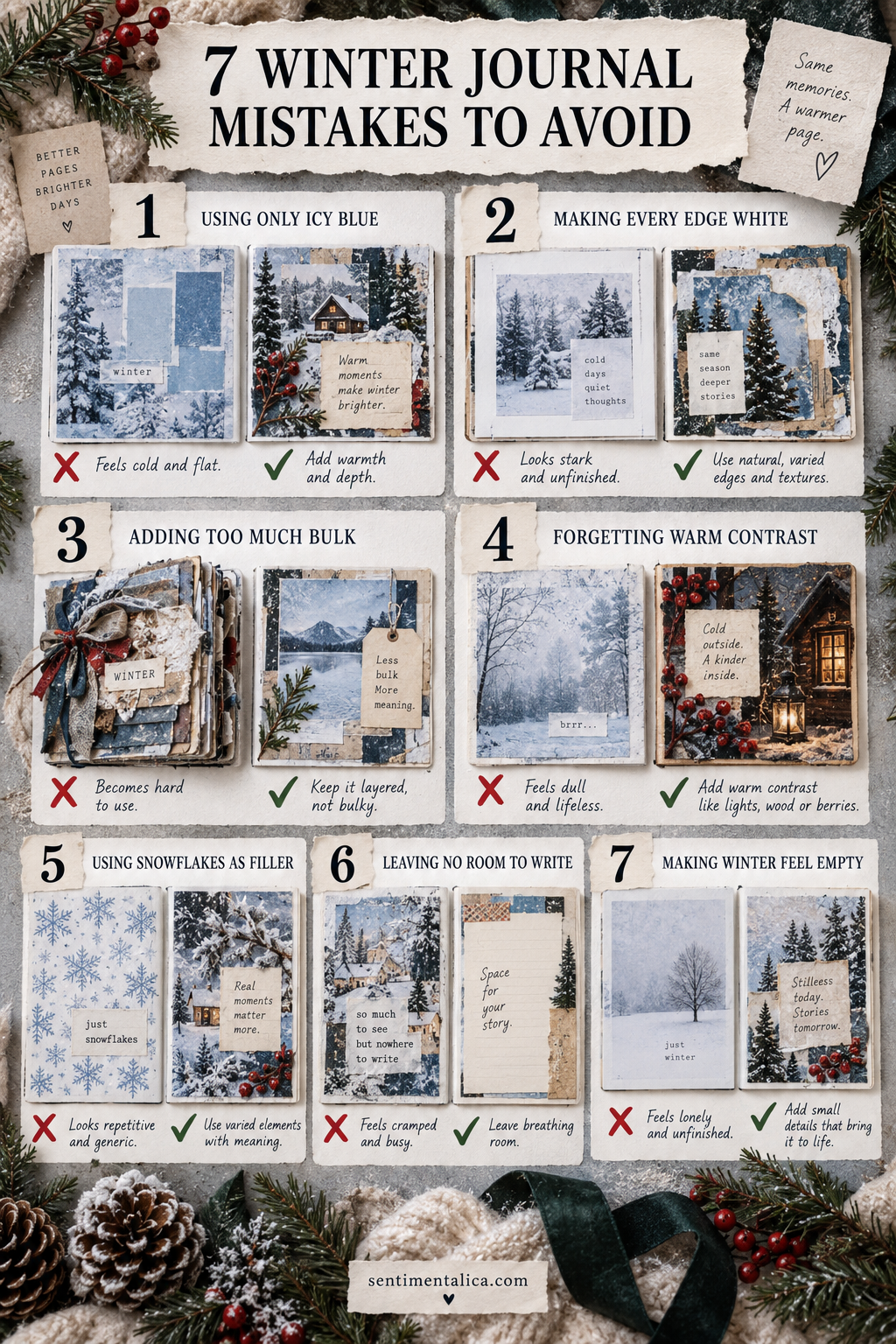 Visual guide to 7 winter journal mistakes that make pages feel cold