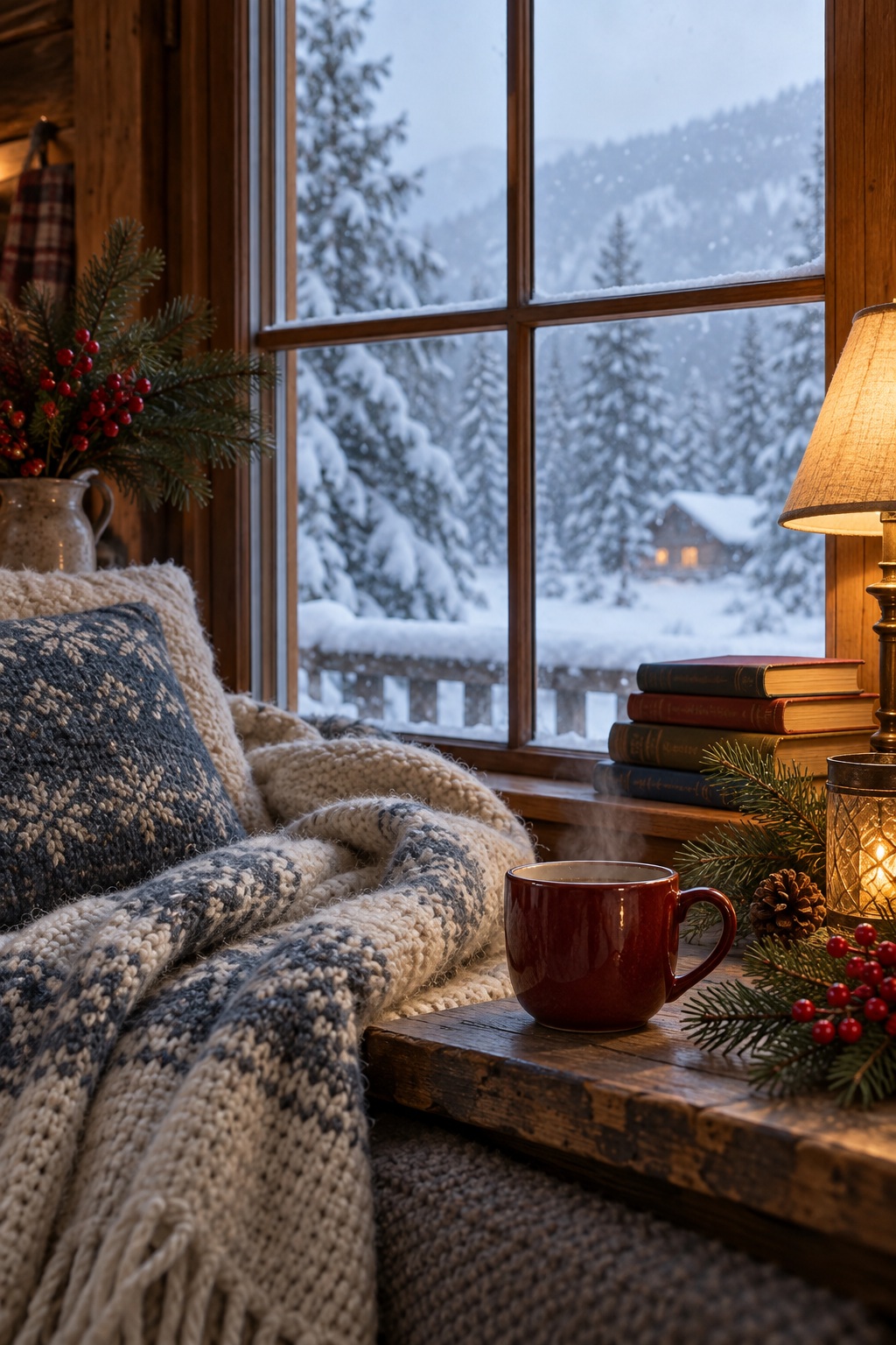 Warm cabin window looking onto deep snow, balanced by lamplight, wood, and soft wool indoors.