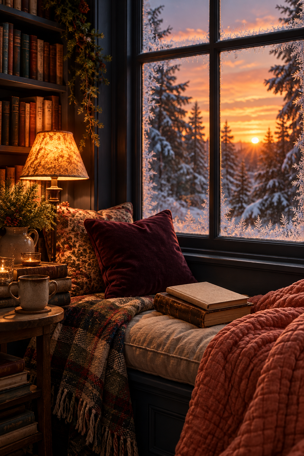 Illustrative winter atmosphere with layered cottage textures and warm light