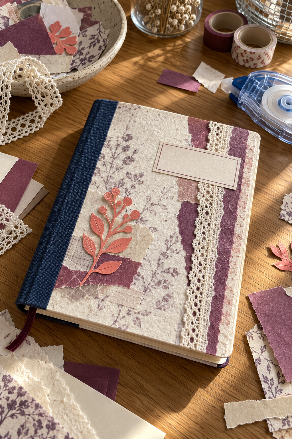Illustrative reading journal cover making workspace with plain notebook paper and tools