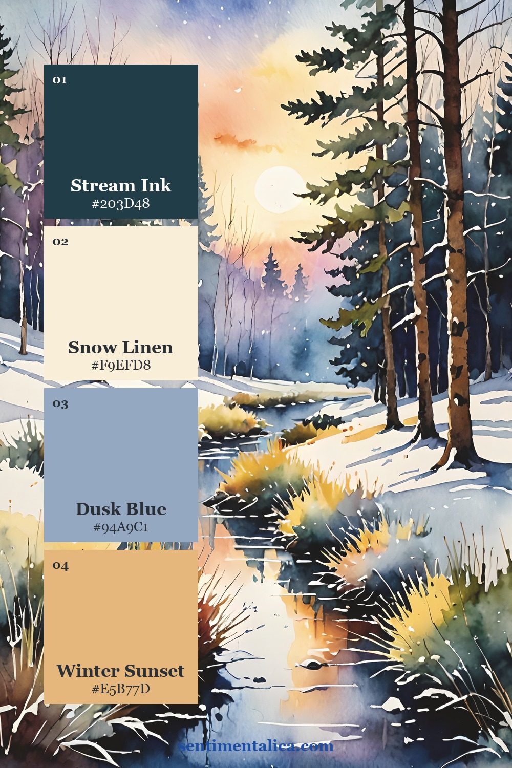 Warm accent colors balanced against winter darks and light paper